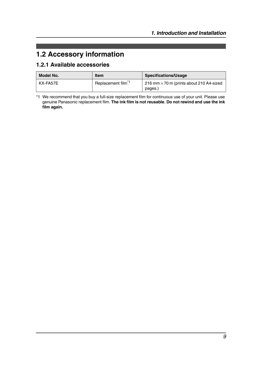 Panasonic KX-FP343AL manual Accessory information, Available accessories, Model No Specifications/Usage, Film again 