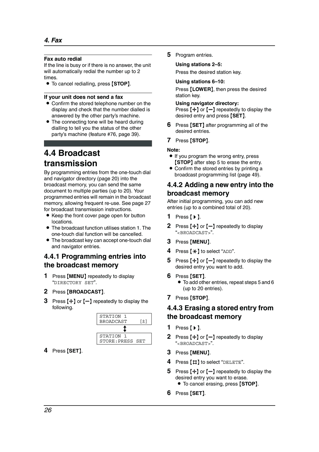 Panasonic KX-FP343AL manual Broadcast transmission, Programming entries into the broadcast memory 