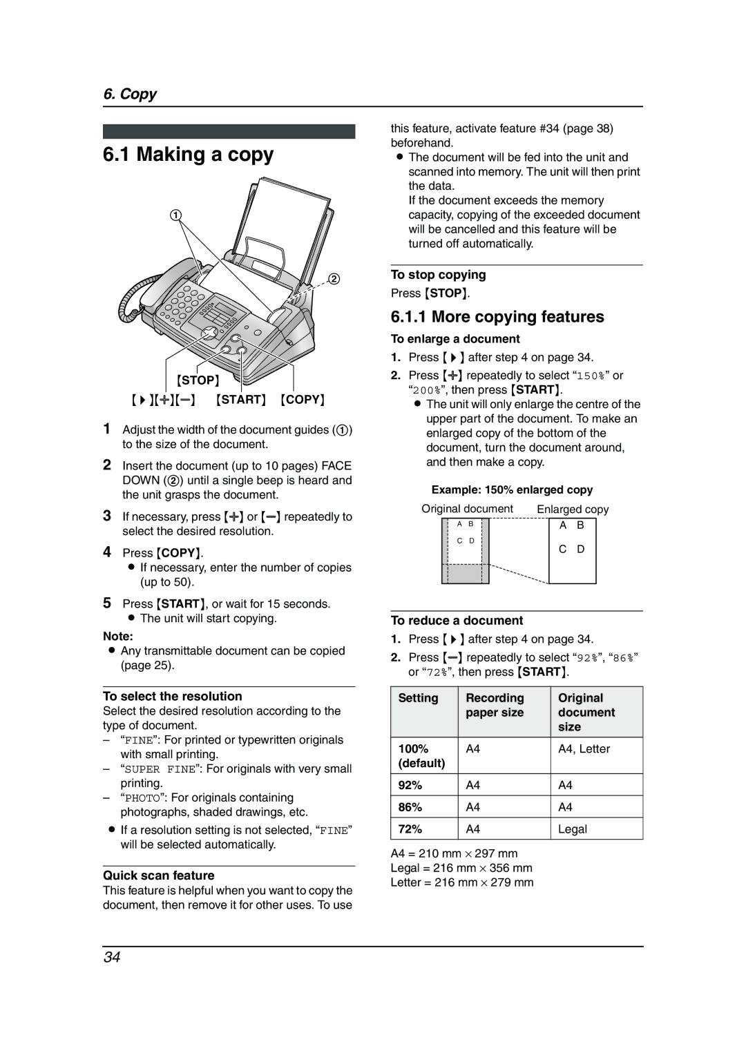 Panasonic KX-FP343AL manual Making a copy, More copying features 