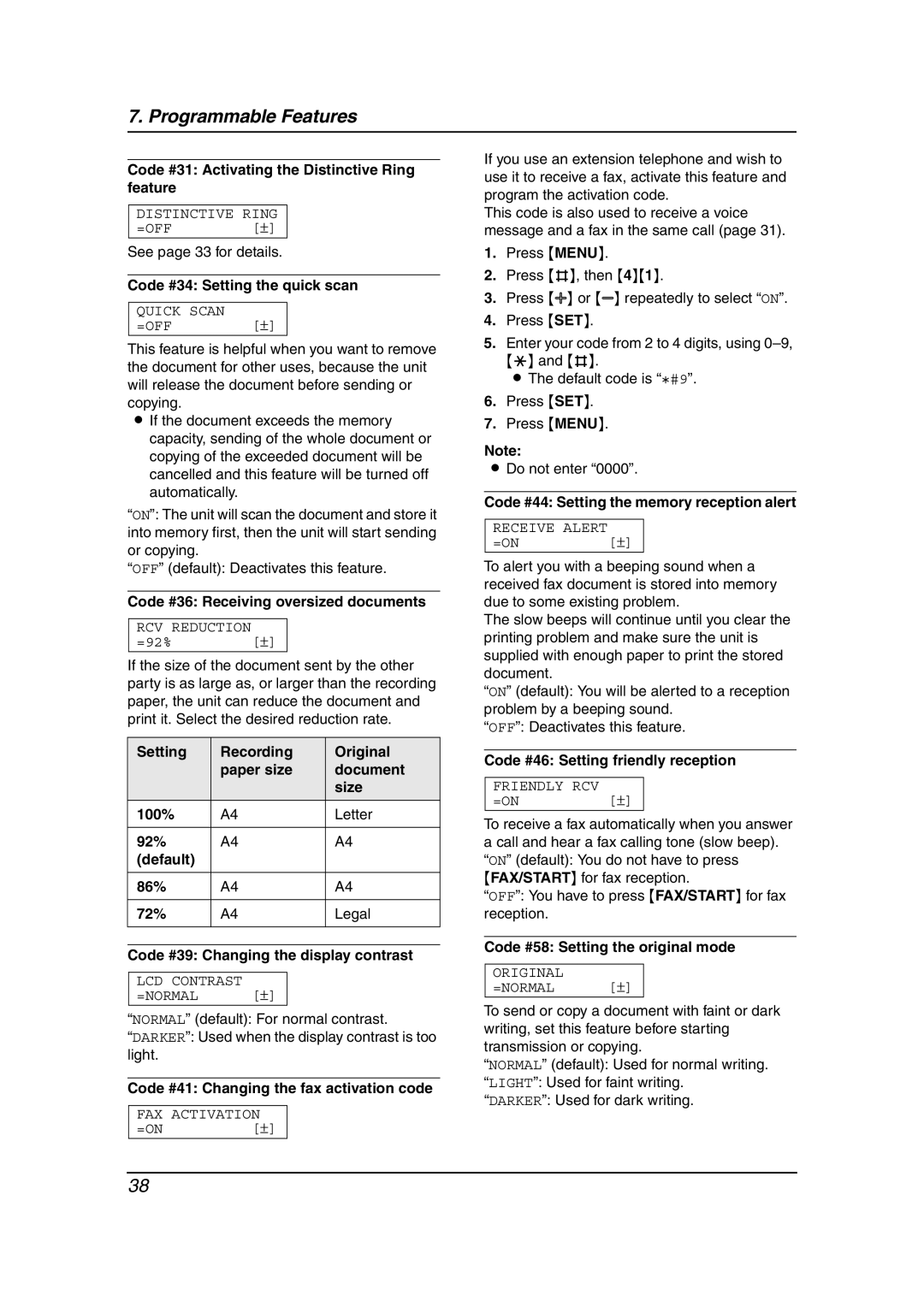 Panasonic KX-FP343AL manual Code #31 Activating the Distinctive Ring feature, Code #34 Setting the quick scan 