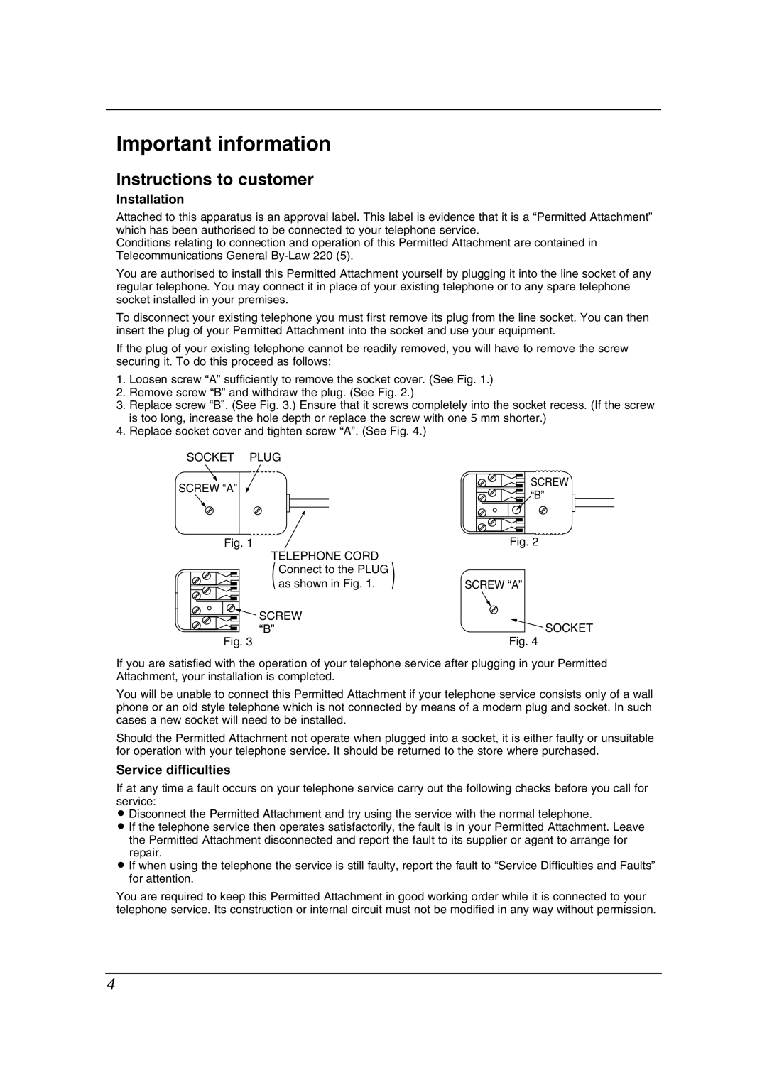 Panasonic KX-FP343AL manual Important information, Instructions to customer, Installation, Service difficulties 