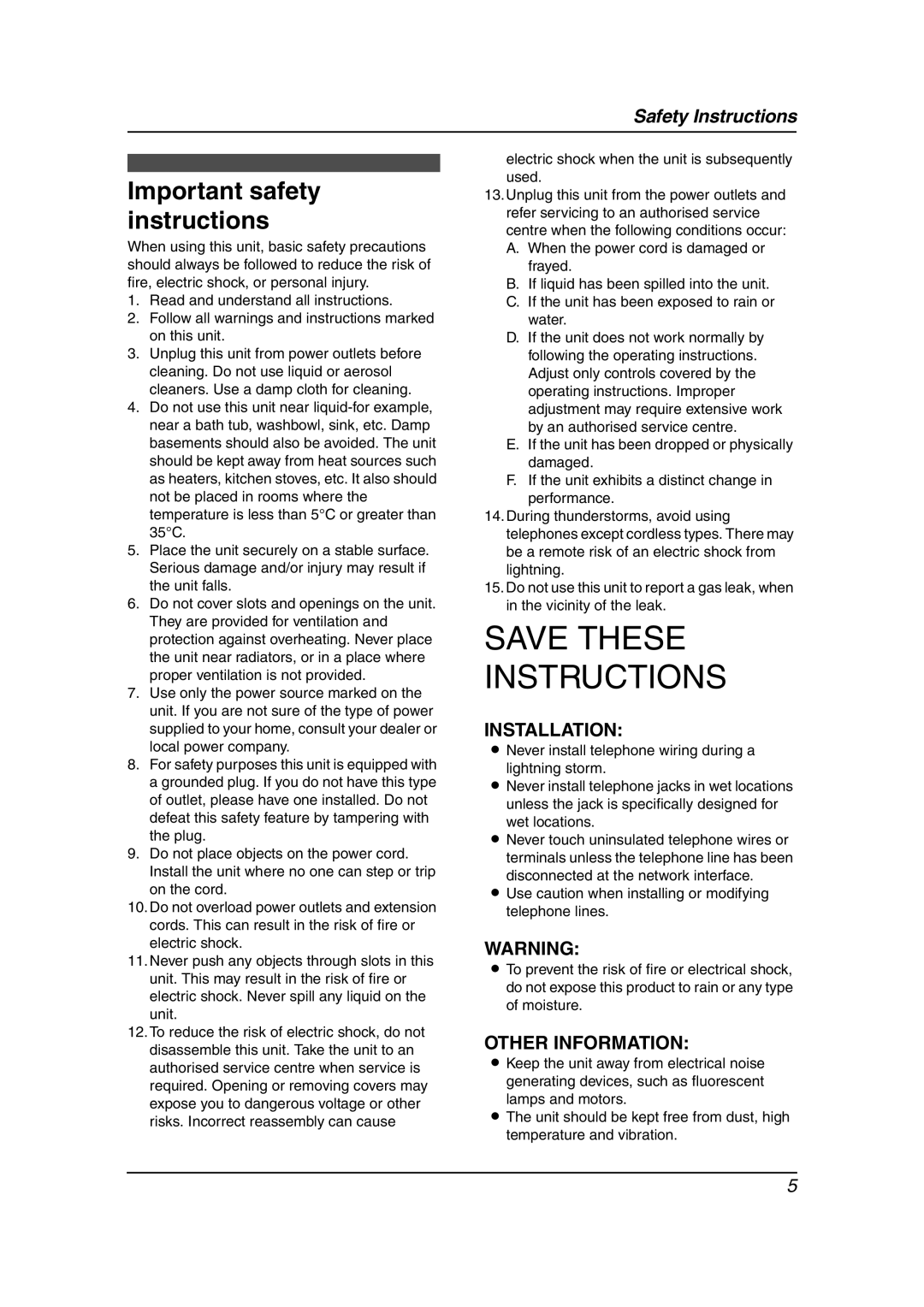 Panasonic KX-FP343AL manual Important safety instructions, Electric shock when the unit is subsequently used 