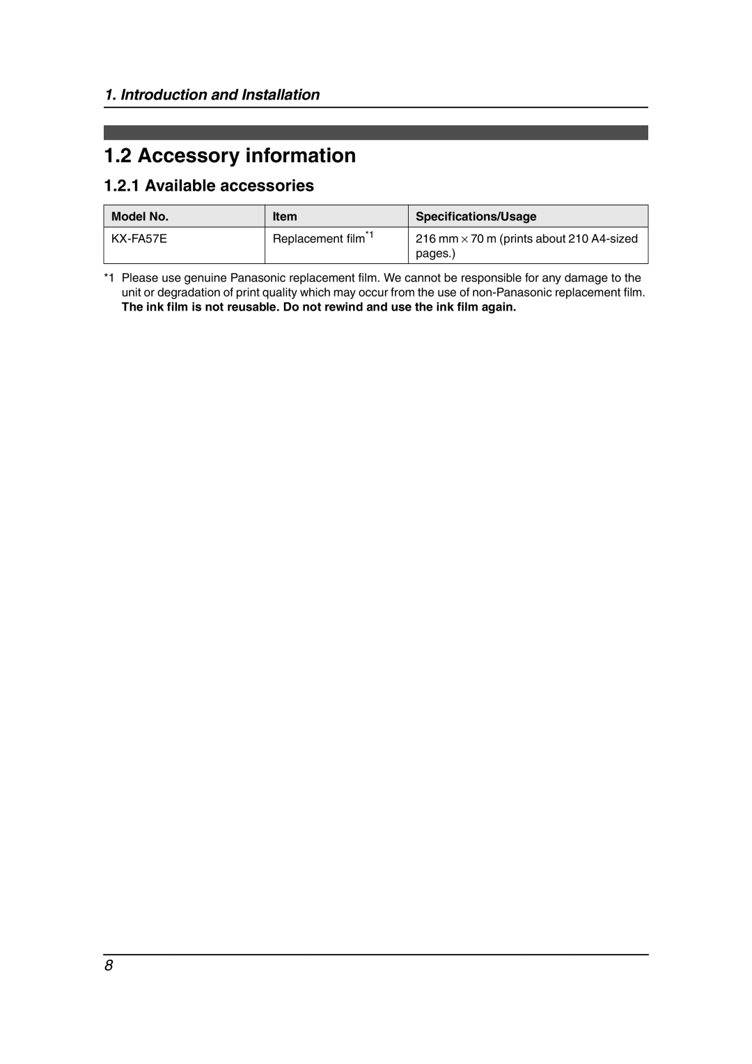 Panasonic KX-FP363HK, KX-FP343HK manual Accessory information, Available accessories, Model No Specifications/Usage 