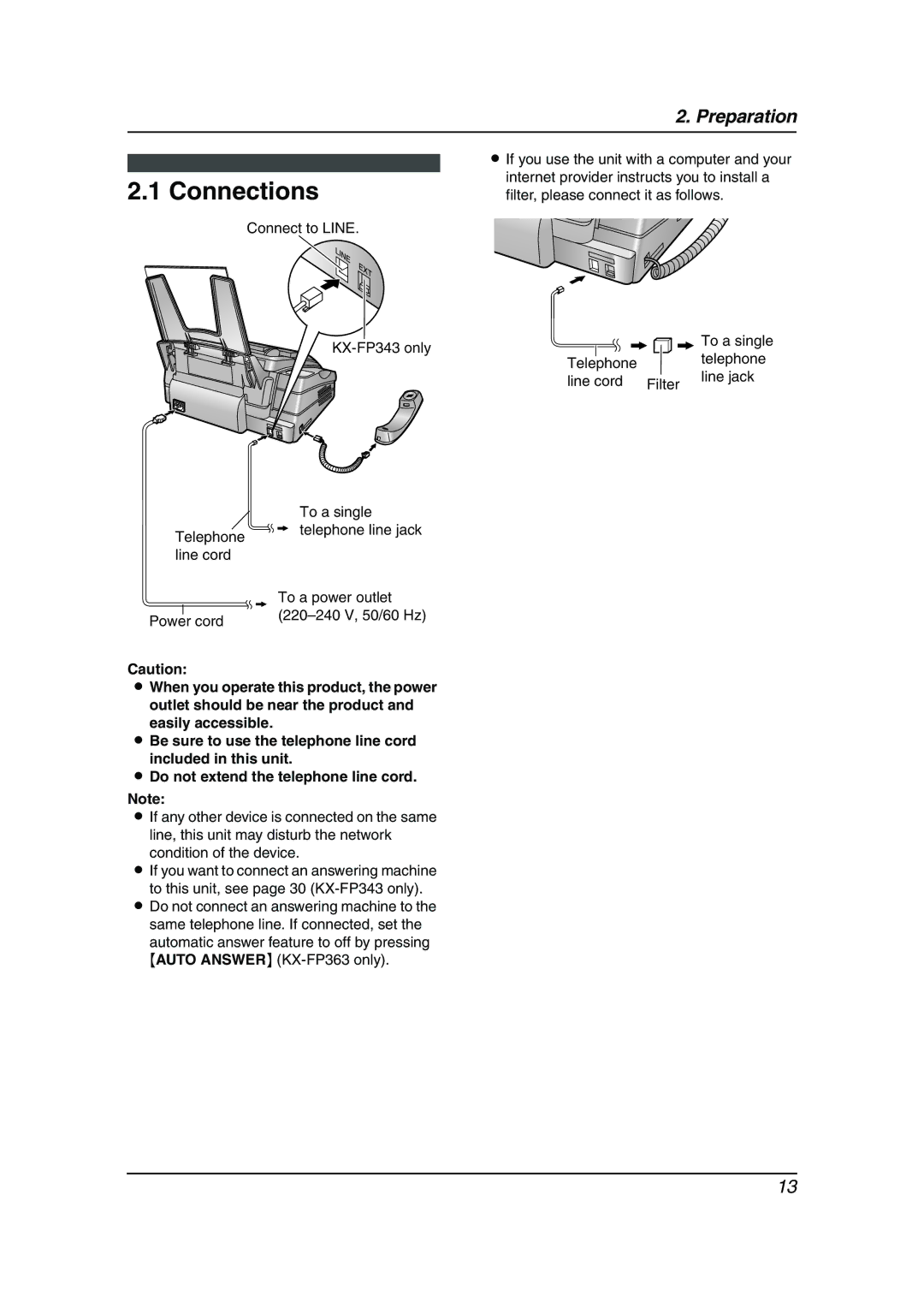 Panasonic KX-FP343HK, KX-FP363HK manual Connections 