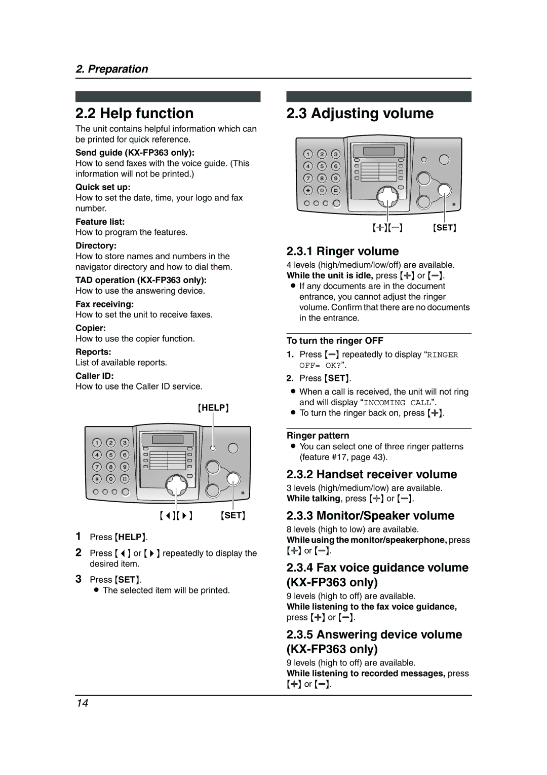 Panasonic KX-FP363HK, KX-FP343HK manual Help function, Adjusting volume 