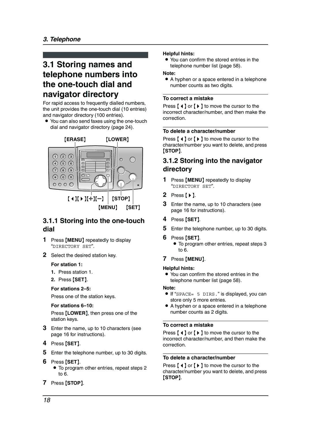 Panasonic KX-FP363HK manual Storing into the one-touch Dial, Storing into the navigator directory, Erase Lower, Menu SET 