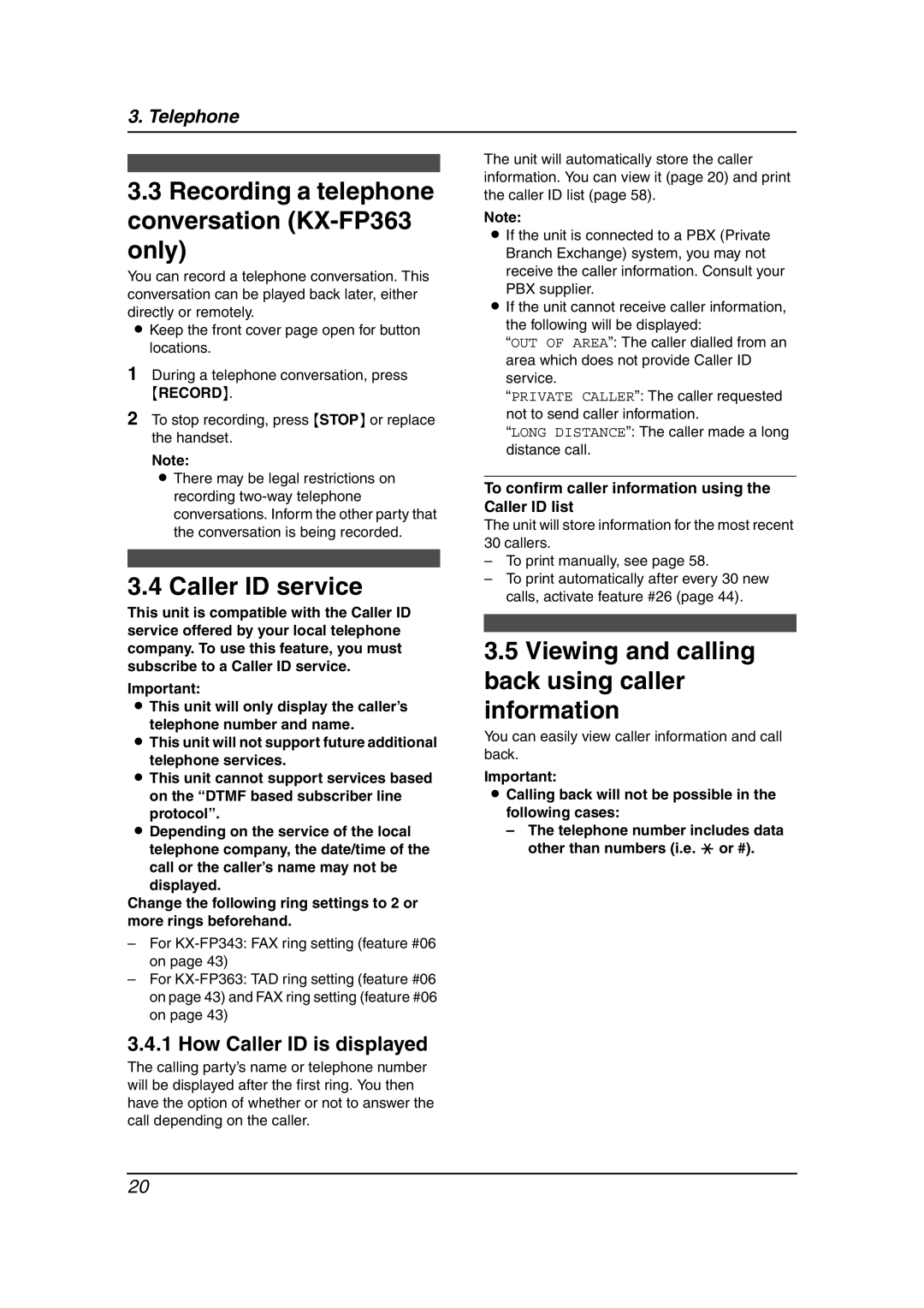 Panasonic KX-FP363HK manual Recording a telephone conversation KX-FP363 only, Caller ID service, How Caller ID is displayed 