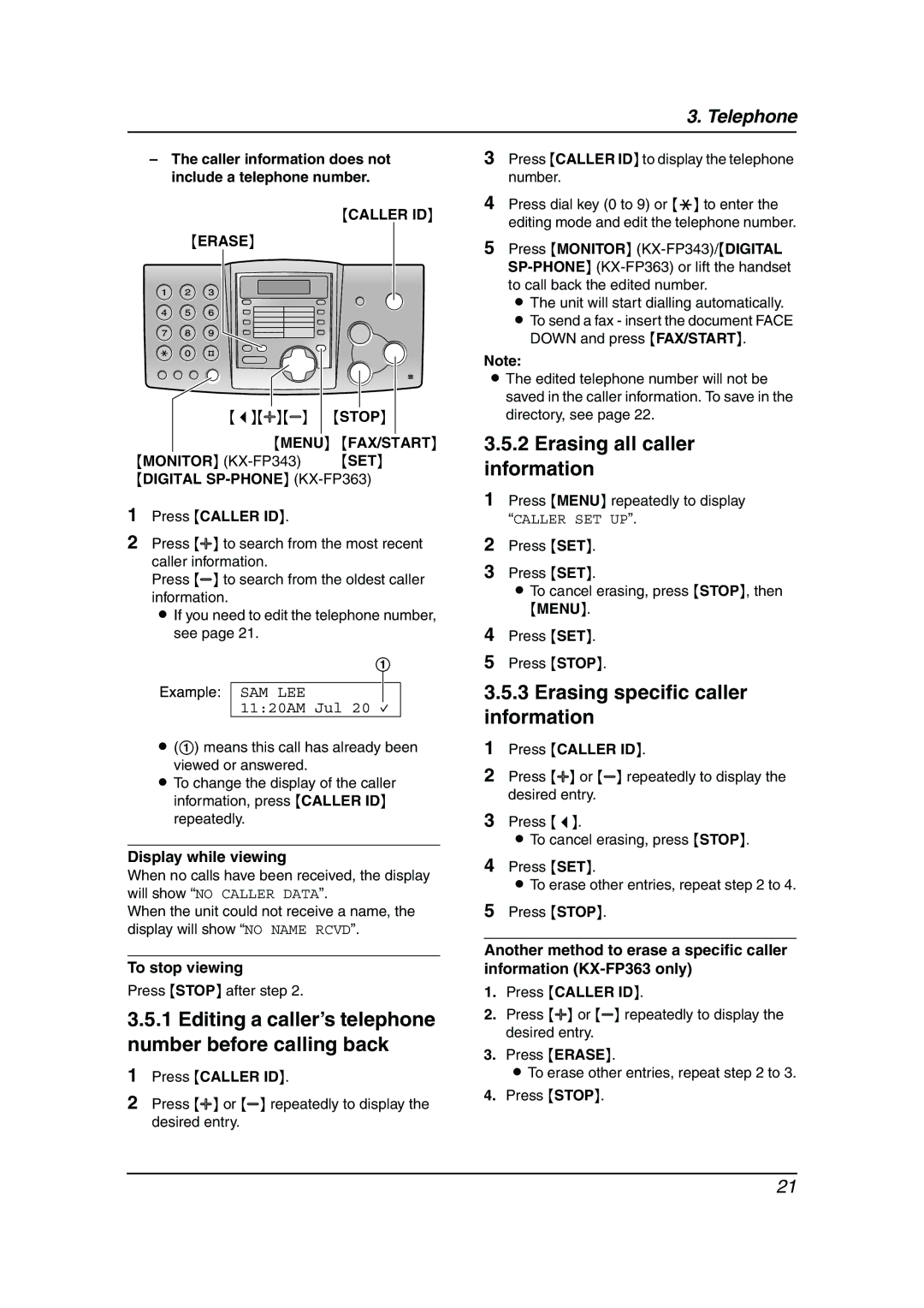 Panasonic KX-FP343HK, KX-FP363HK Editing a caller’s telephone number before calling back, Erasing all caller information 