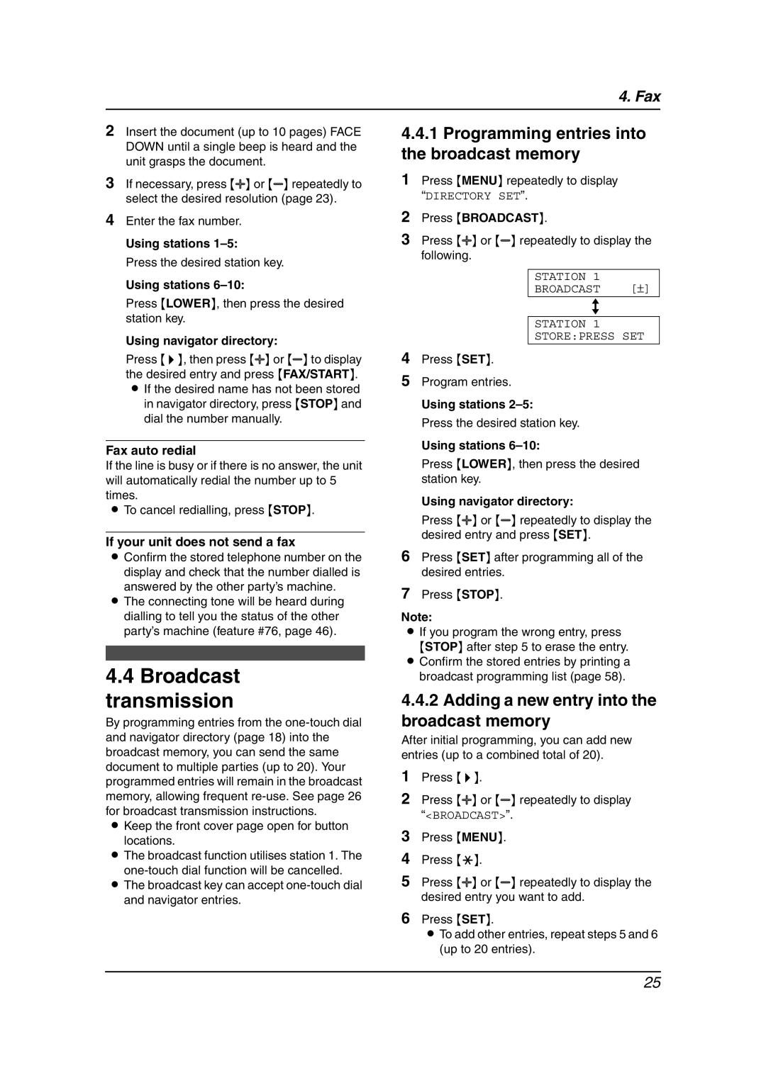 Panasonic KX-FP343HK, KX-FP363HK manual Broadcast transmission, Programming entries into the broadcast memory 