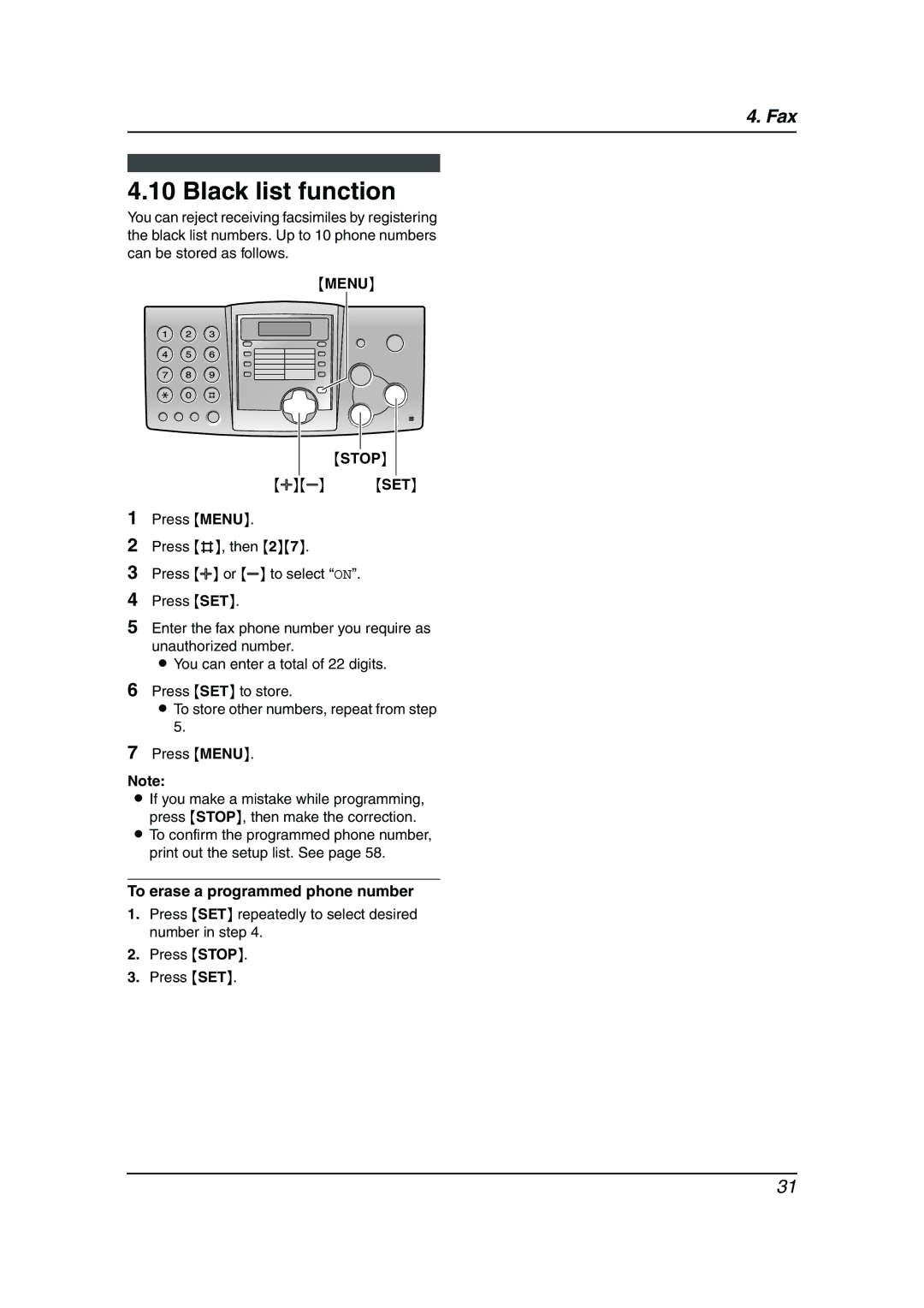 Panasonic KX-FP343HK, KX-FP363HK manual Black list function, Menu Stop SET, To erase a programmed phone number 