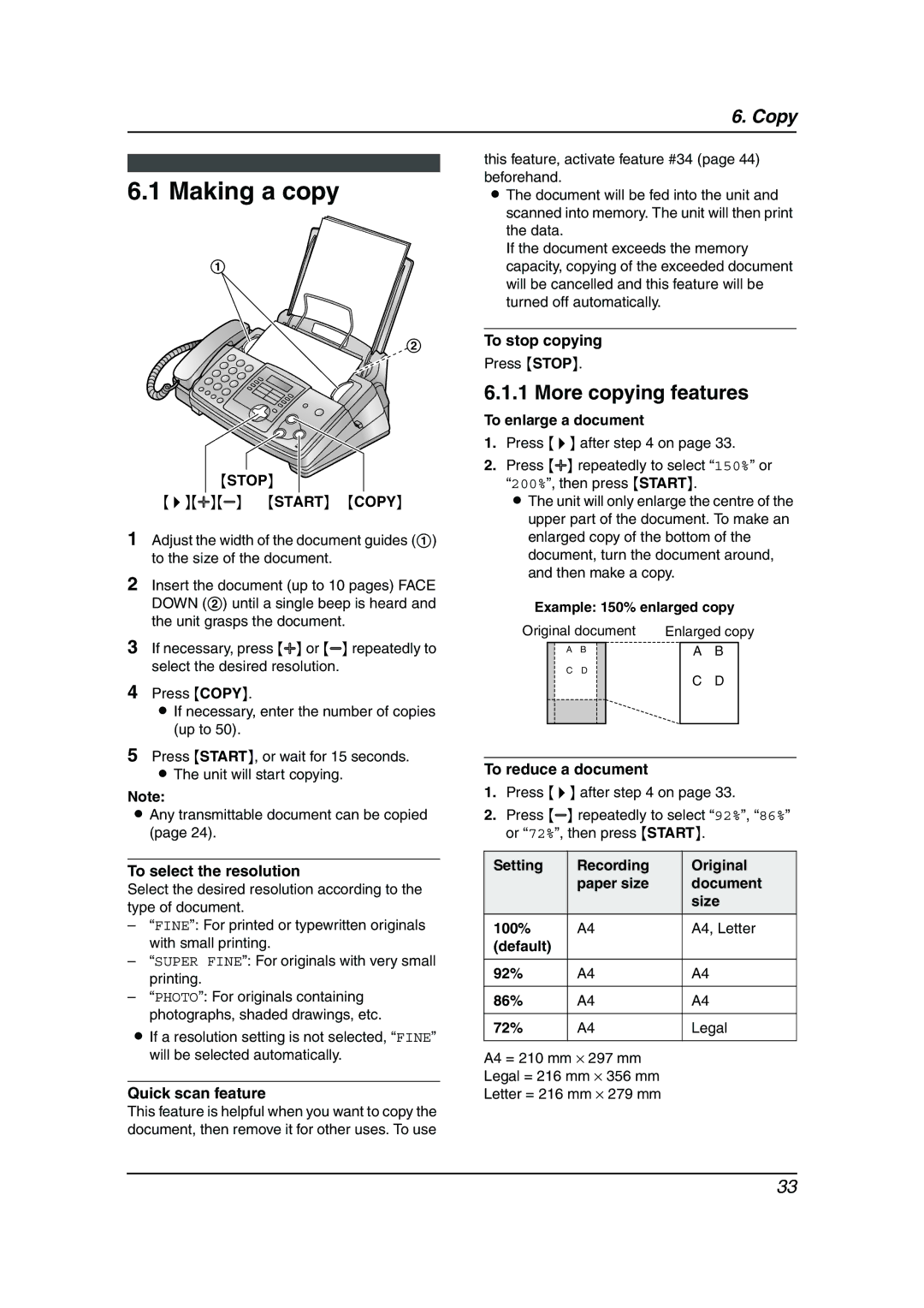 Panasonic KX-FP343HK, KX-FP363HK manual Making a copy, More copying features 