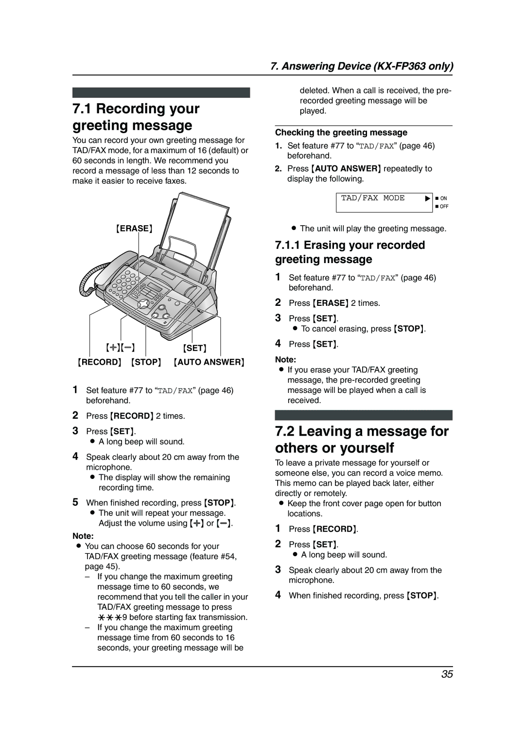 Panasonic KX-FP343HK Recording your greeting message, Leaving a message for others or yourself, Record Stop Auto Answer 