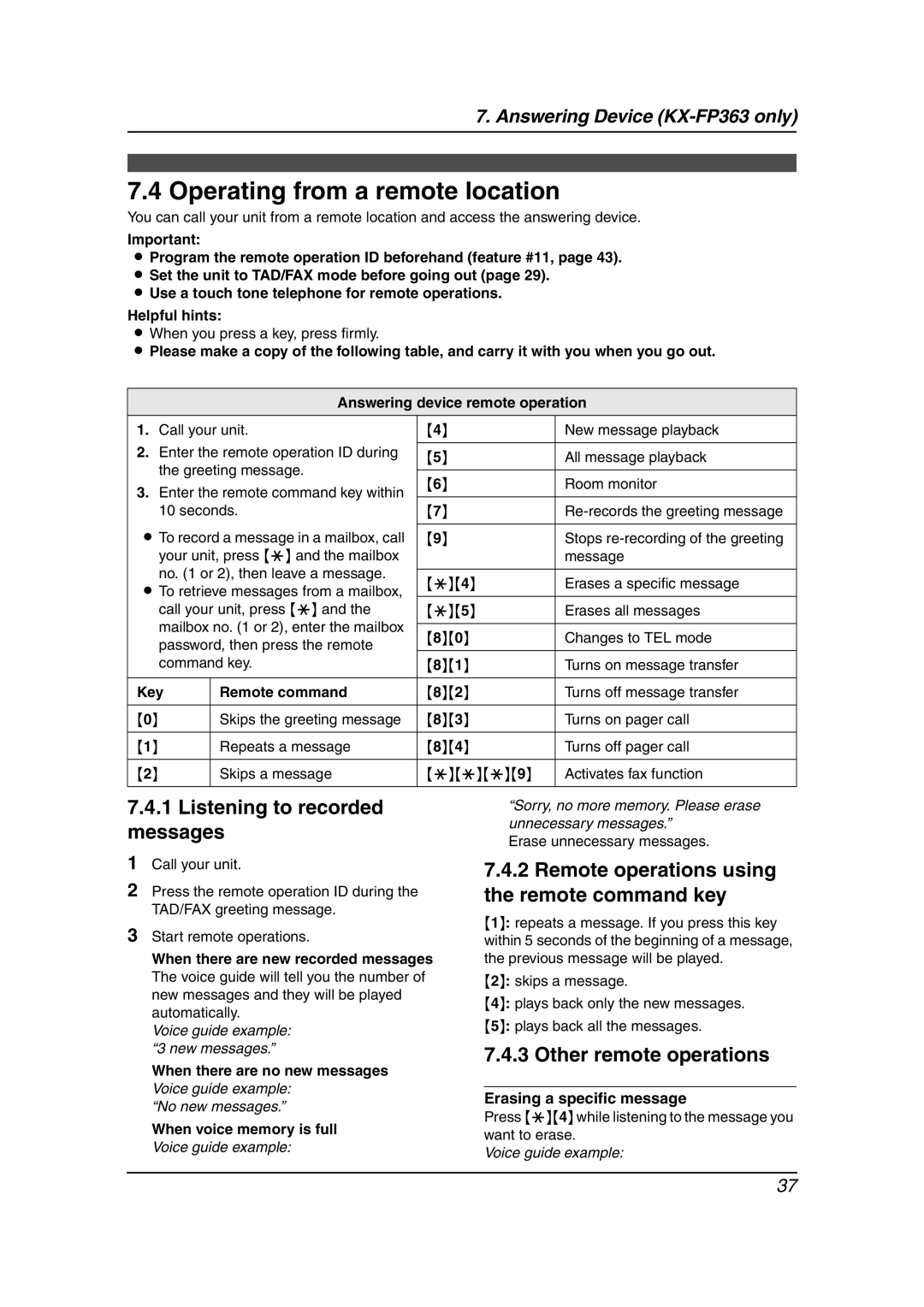 Panasonic KX-FP343HK, KX-FP363HK Operating from a remote location, Listening to recorded messages, Other remote operations 
