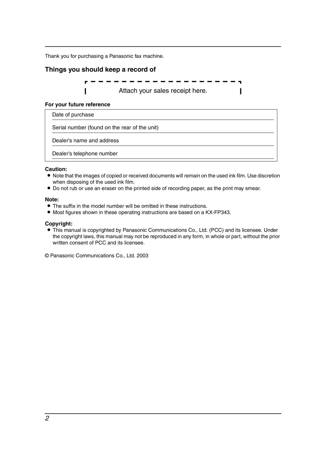 Panasonic KX-FP363HK, KX-FP343HK manual For your future reference, Copyright 