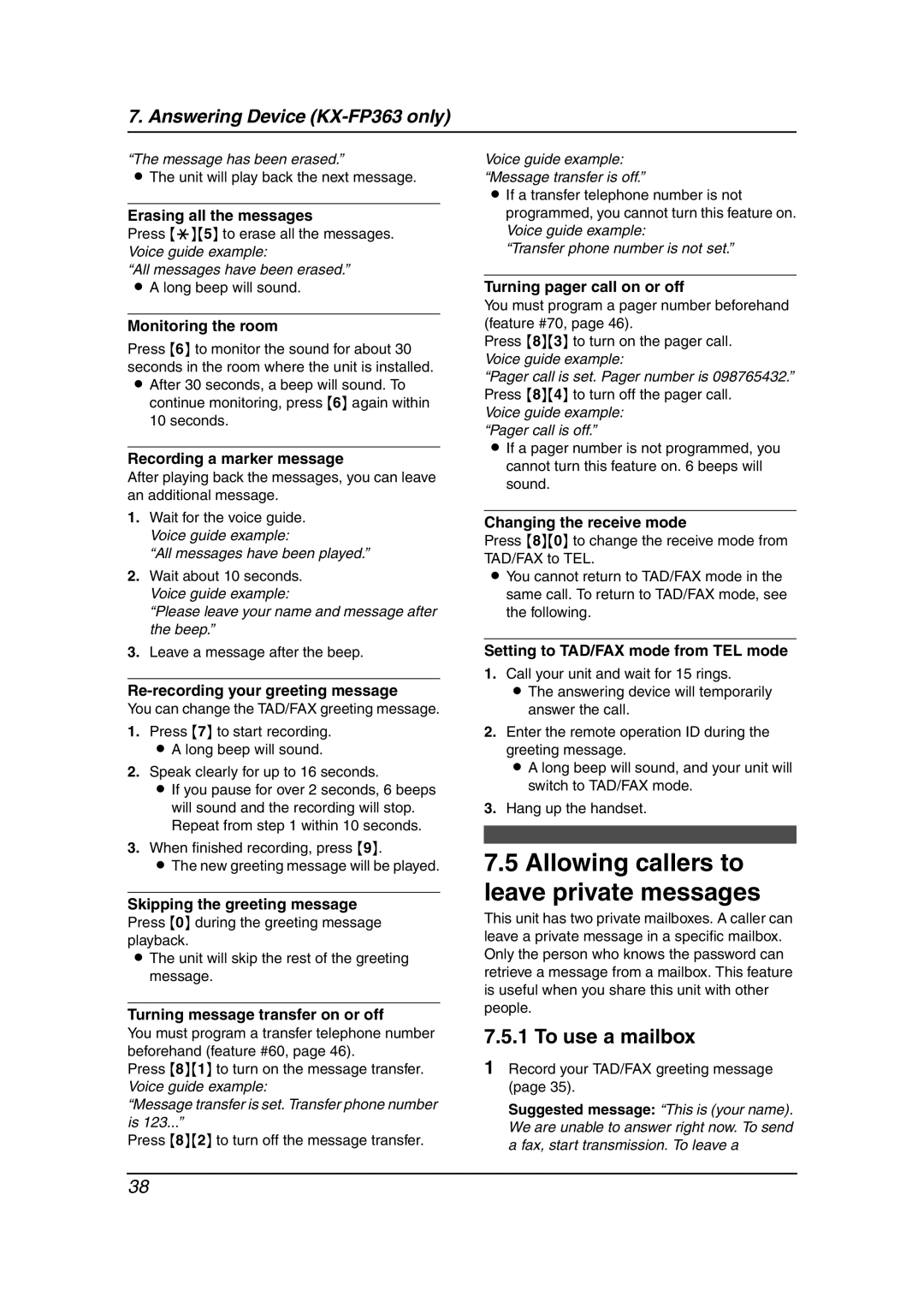 Panasonic KX-FP363HK, KX-FP343HK manual Allowing callers to leave private messages, To use a mailbox 