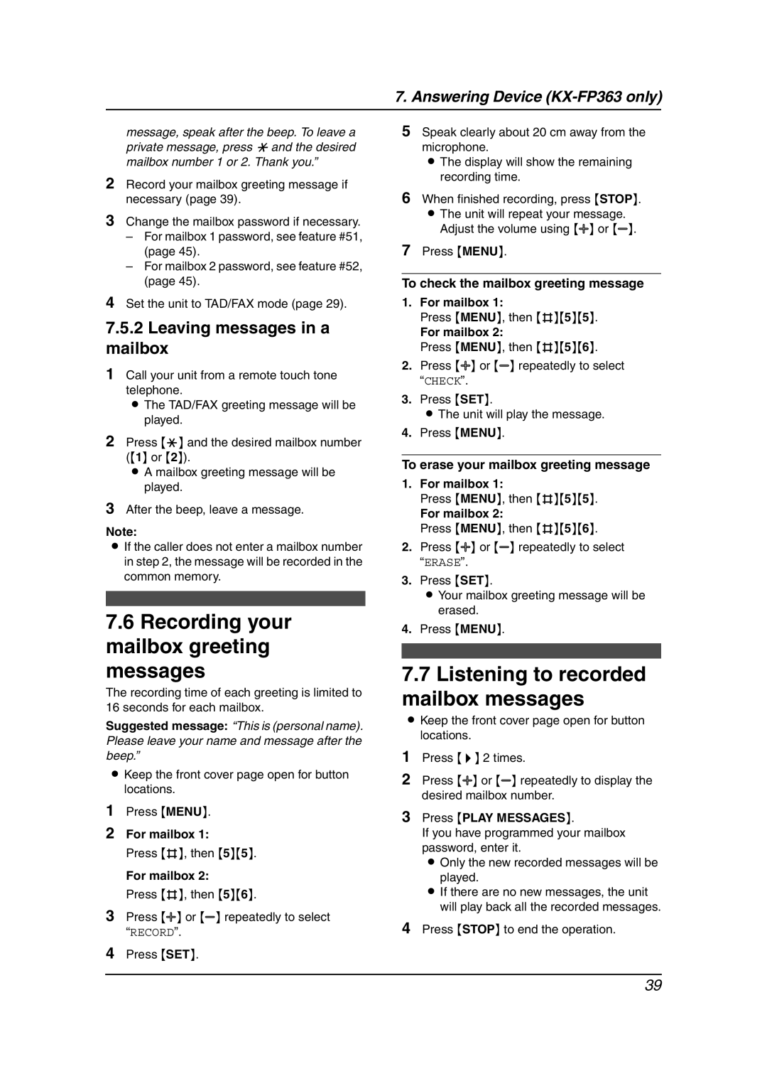 Panasonic KX-FP343HK, KX-FP363HK manual Recording your, Mailbox greeting Messages Listening to recorded, Mailbox messages 