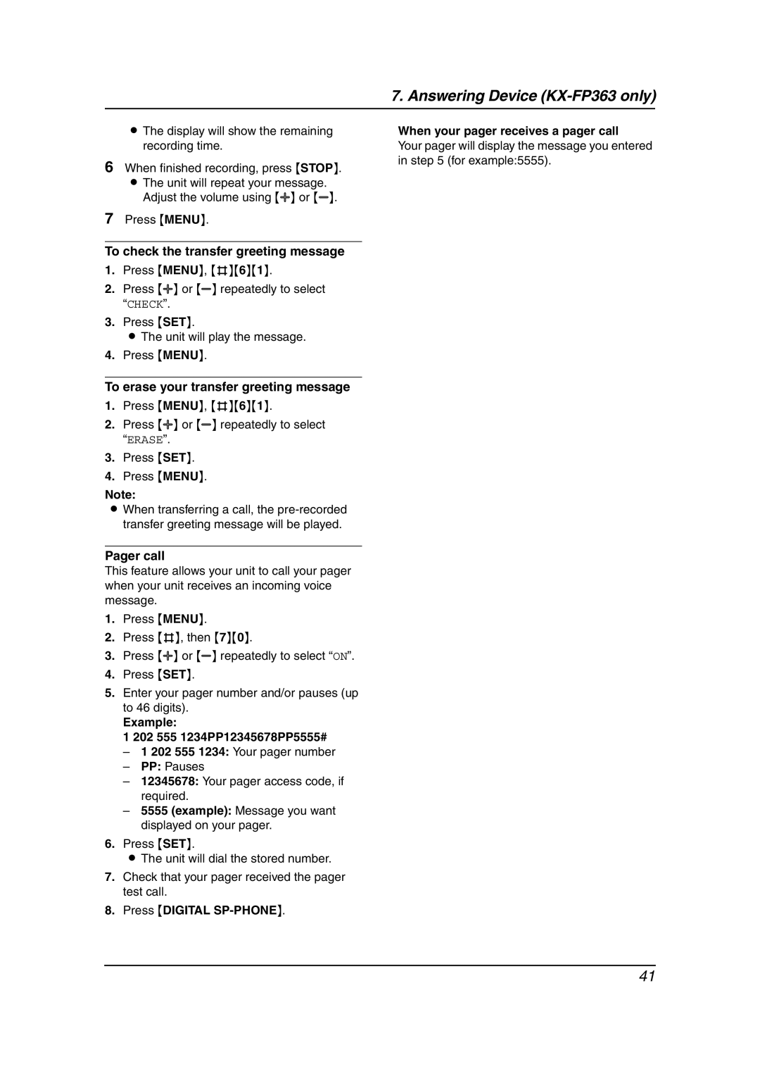 Panasonic KX-FP343HK manual To check the transfer greeting message, To erase your transfer greeting message, Pager call 