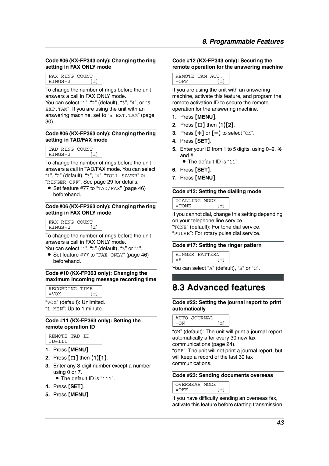 Panasonic KX-FP343HK, KX-FP363HK manual Advanced features 