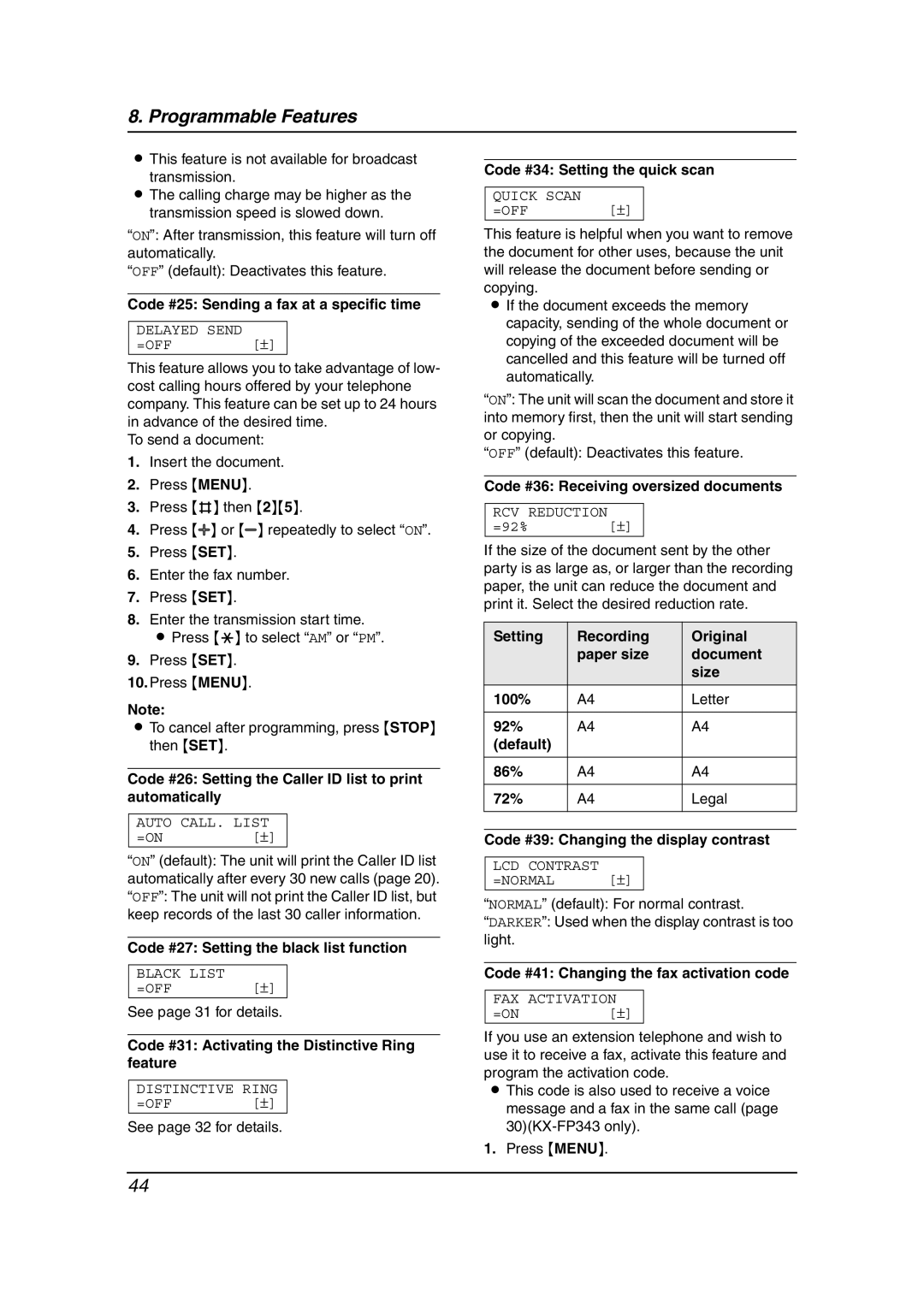 Panasonic KX-FP363HK Code #25 Sending a fax at a specific time, Code #26 Setting the Caller ID list to print automatically 