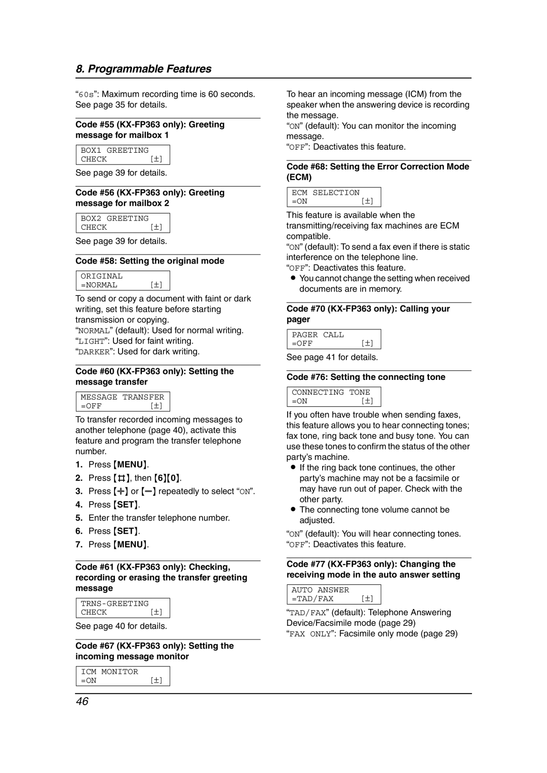 Panasonic KX-FP363HK, KX-FP343HK Code #55 KX-FP363only Greeting message for mailbox, Code #58 Setting the original mode 