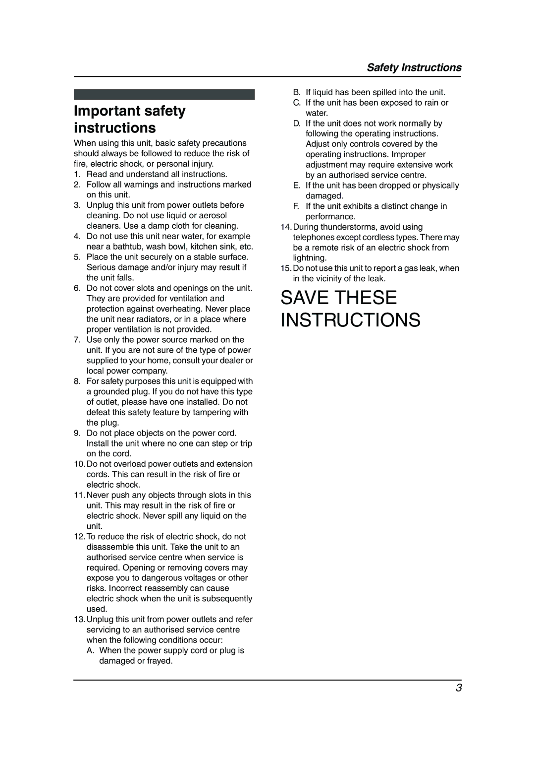 Panasonic KX-FP343HK, KX-FP363HK manual Important safety instructions 