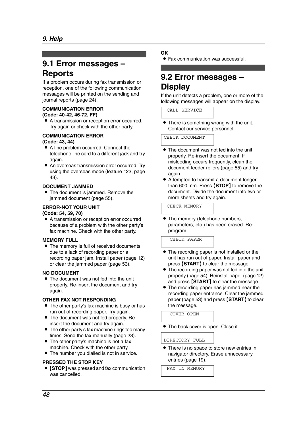 Panasonic KX-FP363HK, KX-FP343HK manual Error messages Reports, Error messages Display 