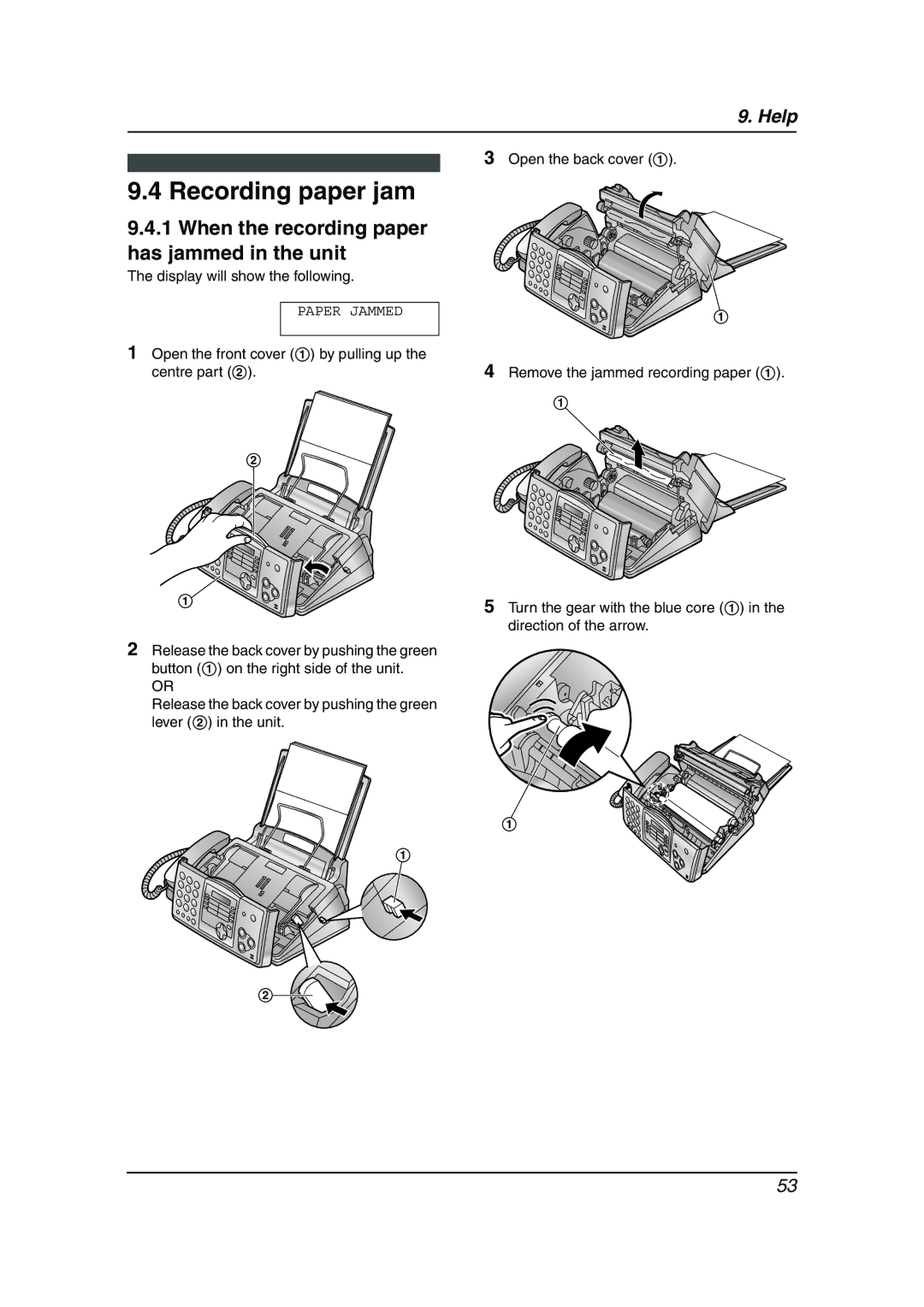 Panasonic KX-FP343HK, KX-FP363HK manual Recording paper jam, When the recording paper has jammed in the unit 