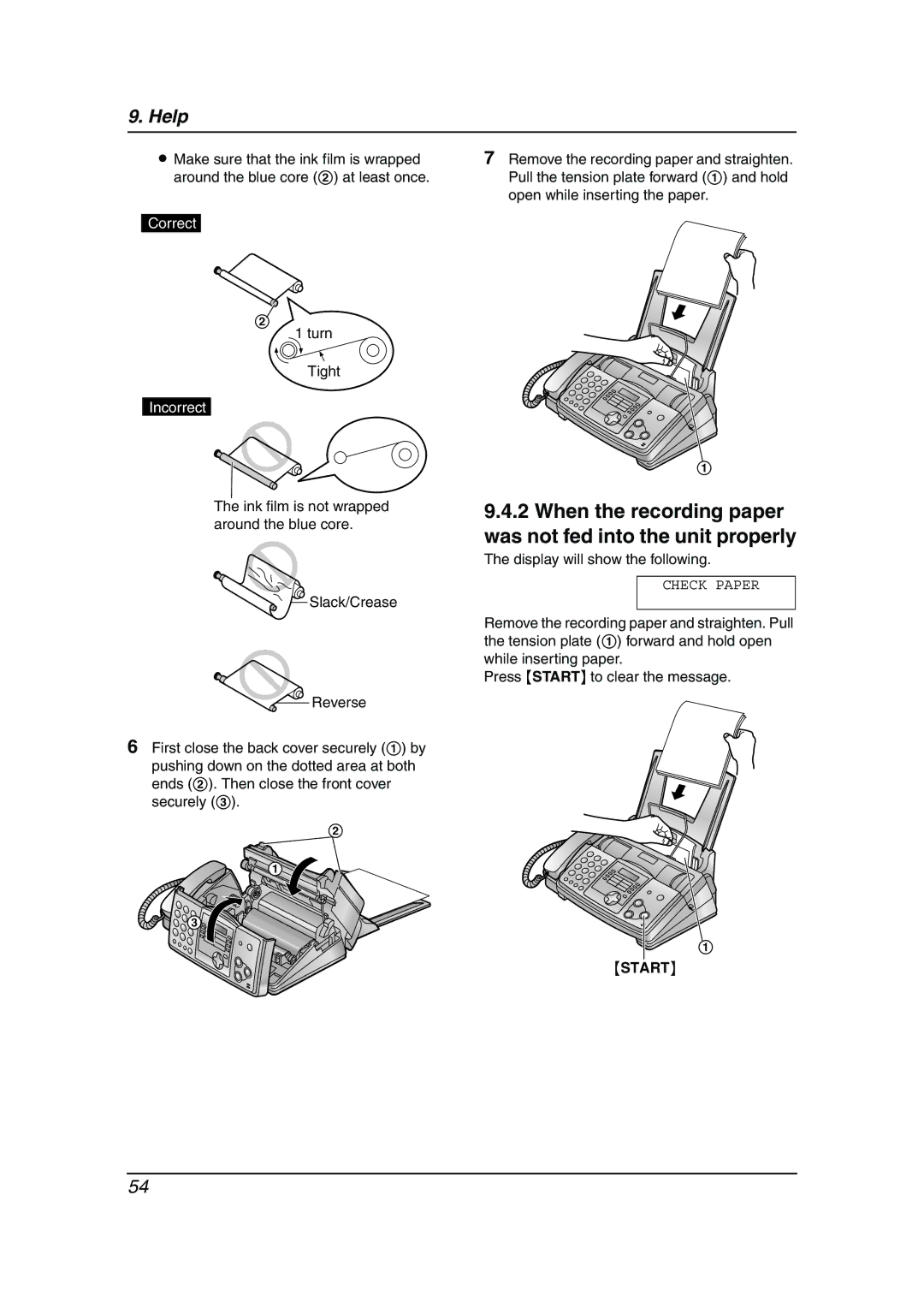 Panasonic KX-FP363HK, KX-FP343HK manual When the recording paper was not fed into the unit properly, Start 