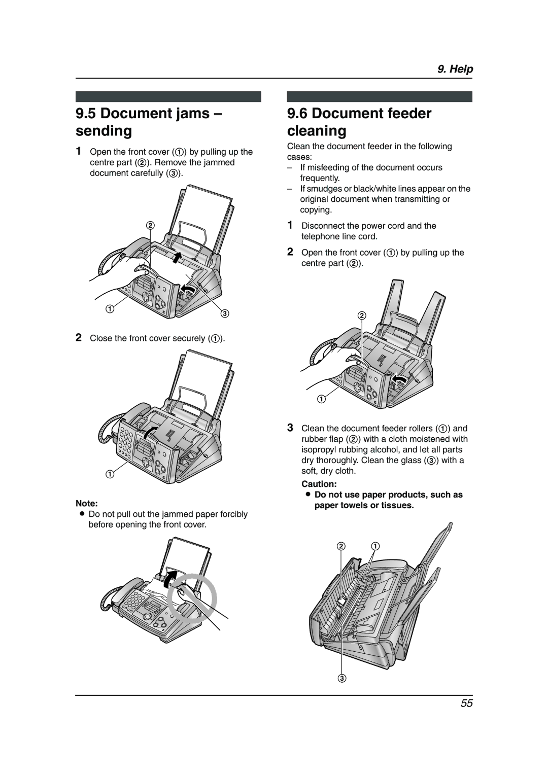 Panasonic KX-FP343HK, KX-FP363HK manual Document jams sending, Document feeder cleaning 