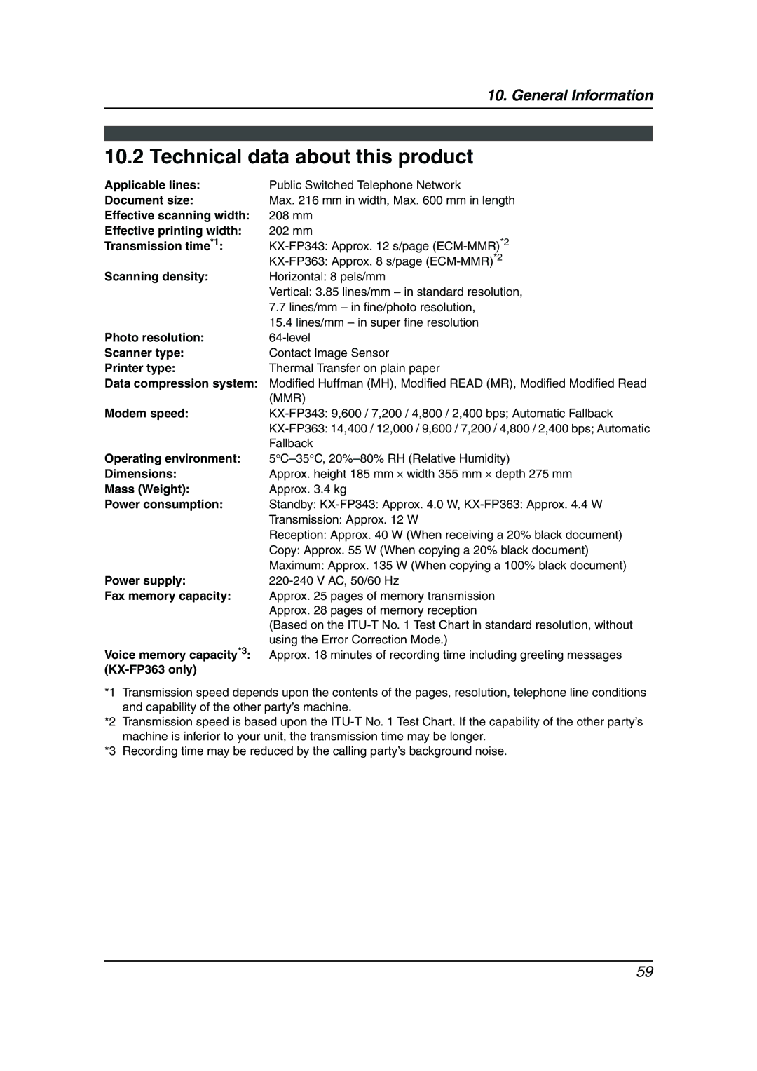 Panasonic KX-FP343HK, KX-FP363HK manual Technical data about this product 