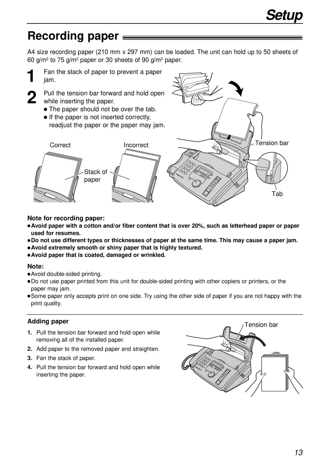 Panasonic KX-FP85AL, KX-FP81AL manual Setup, Recording paper, Adding paper Tension bar 