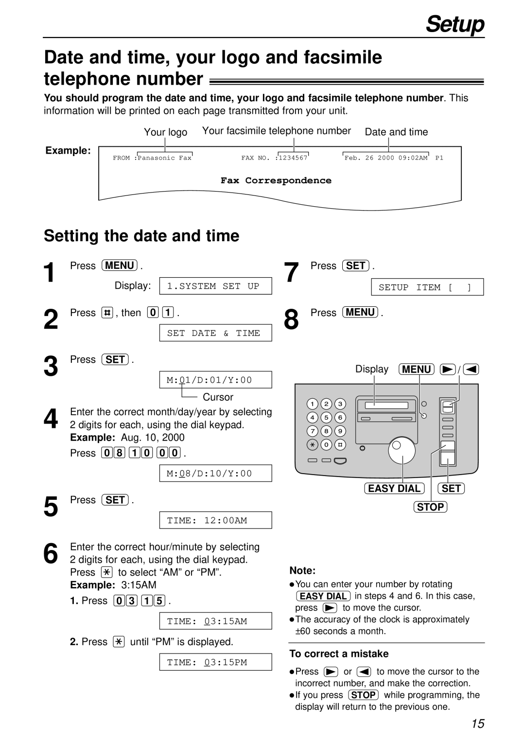 Panasonic KX-FP85AL, KX-FP81AL Date and time, your logo and facsimile telephone number, Setting the date and time, Menu 