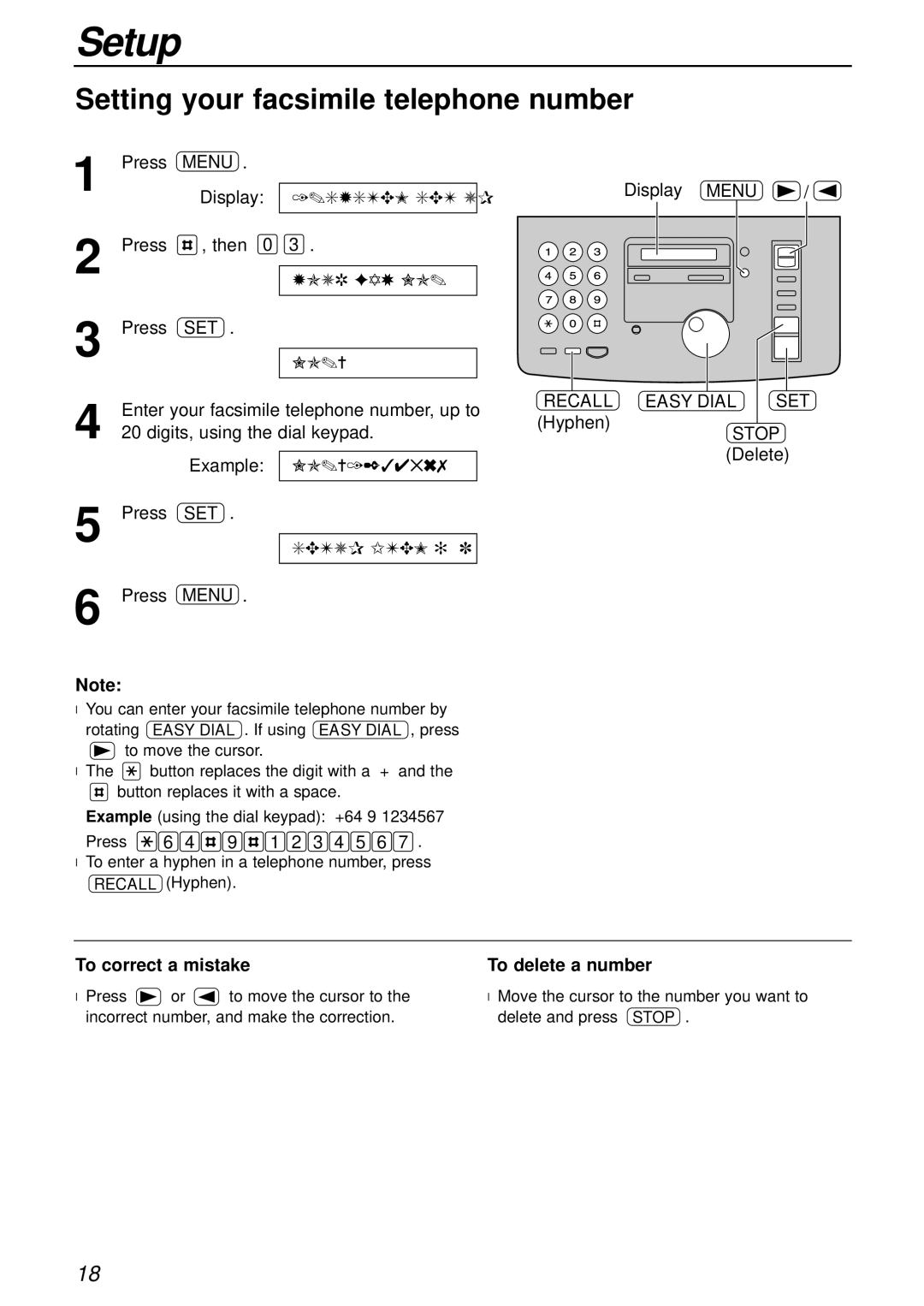 Panasonic KX-FP81AL Setting your facsimile telephone number, Recall Easy Dial SET, Stop Delete, Press 6 4 9 1 2 3 4 5 6 