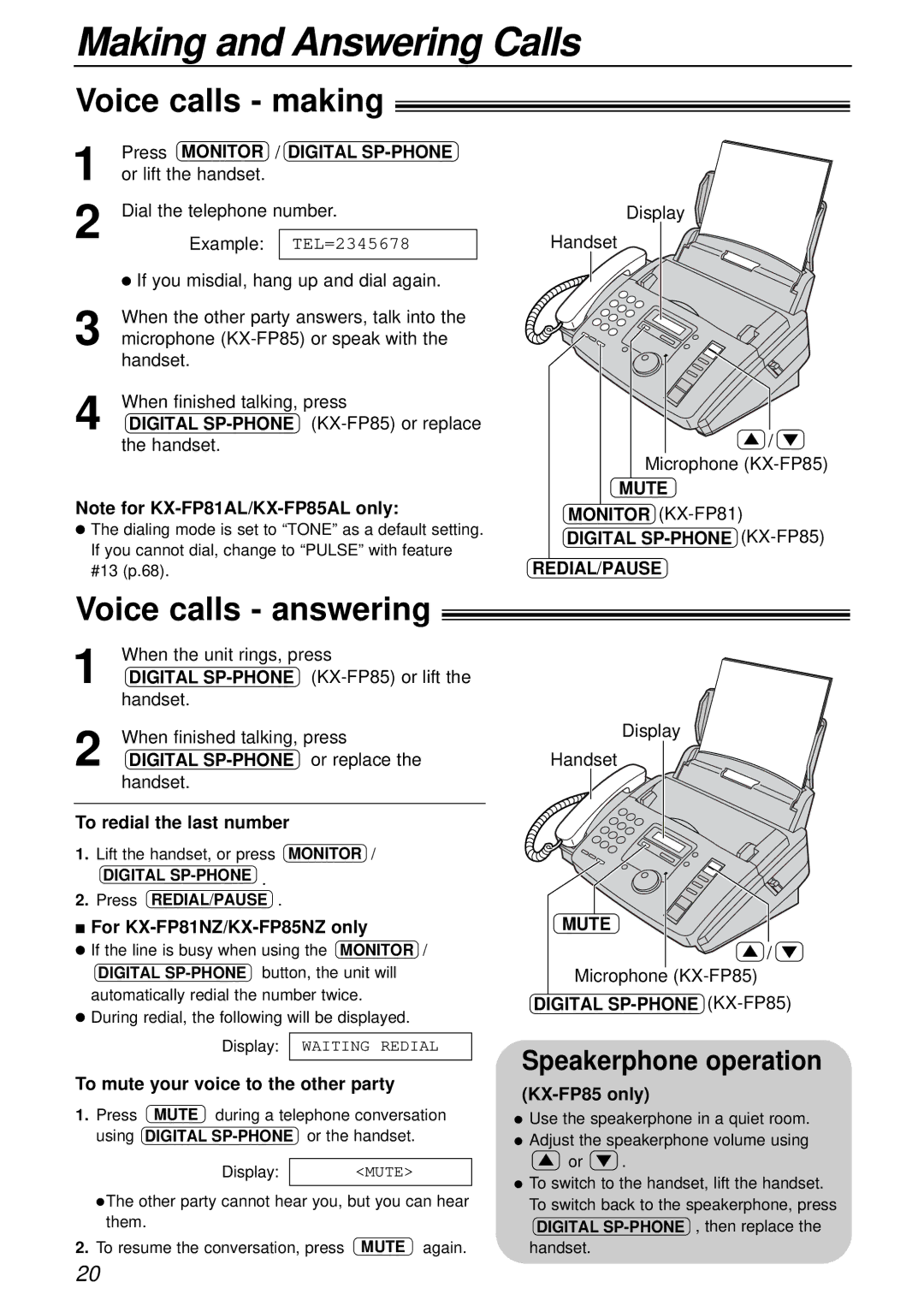 Panasonic KX-FP81AL, KX-FP85AL manual Making and Answering Calls, Voice calls making, Voice calls answering 