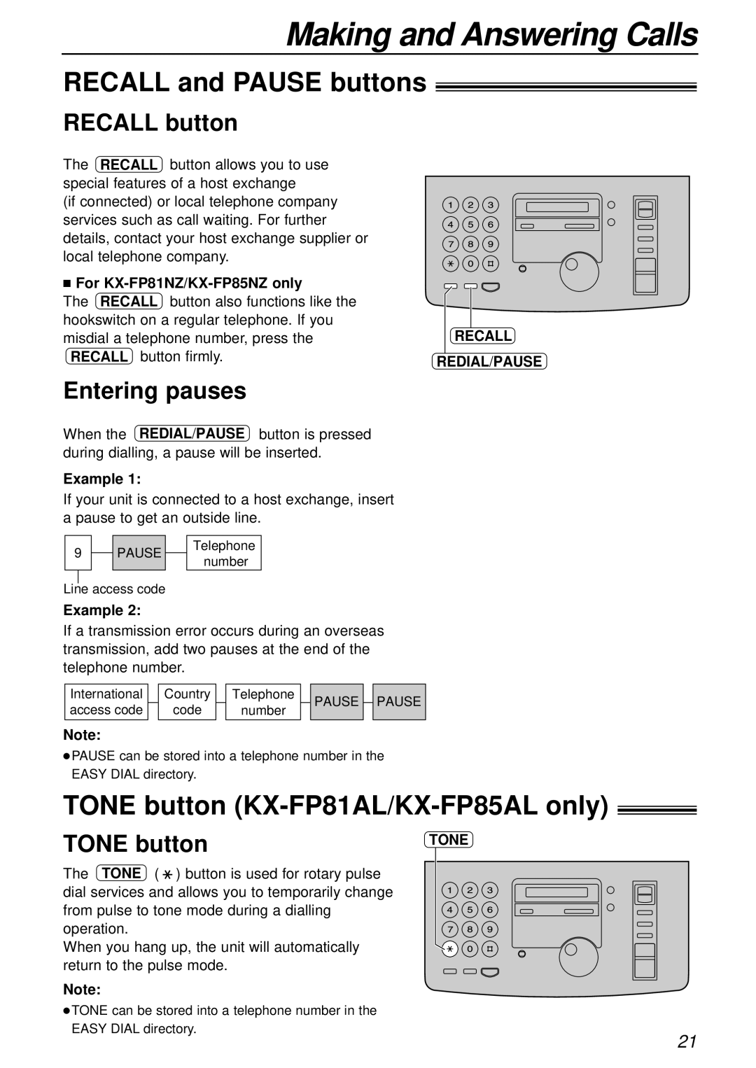 Panasonic manual Recall and Pause buttons, Tone button KX-FP81AL/KX-FP85AL only, Recall button, Entering pauses 