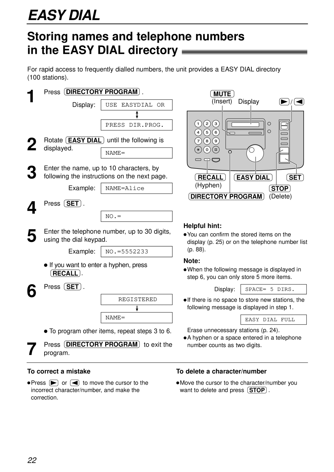 Panasonic KX-FP81AL, KX-FP85AL Recall, Hyphen, Directory Program Delete Helpful hint, To delete a character/number 