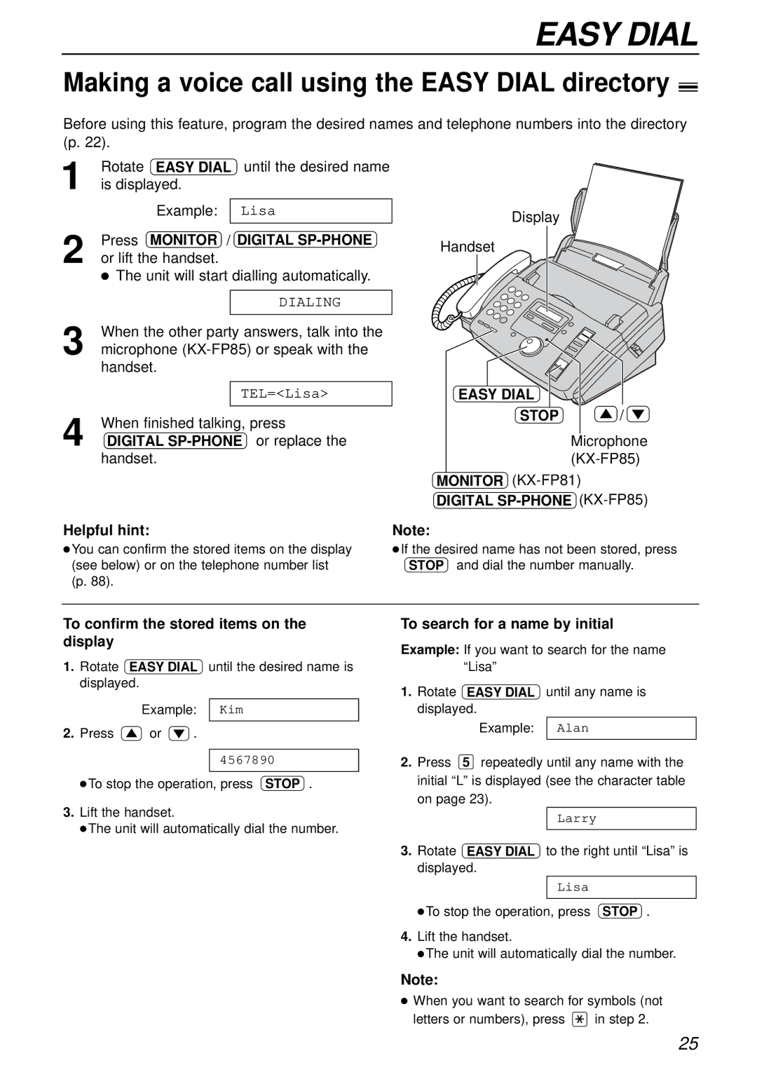 Panasonic KX-FP85AL, KX-FP81AL manual Making a voice call using the Easy Dial directory 