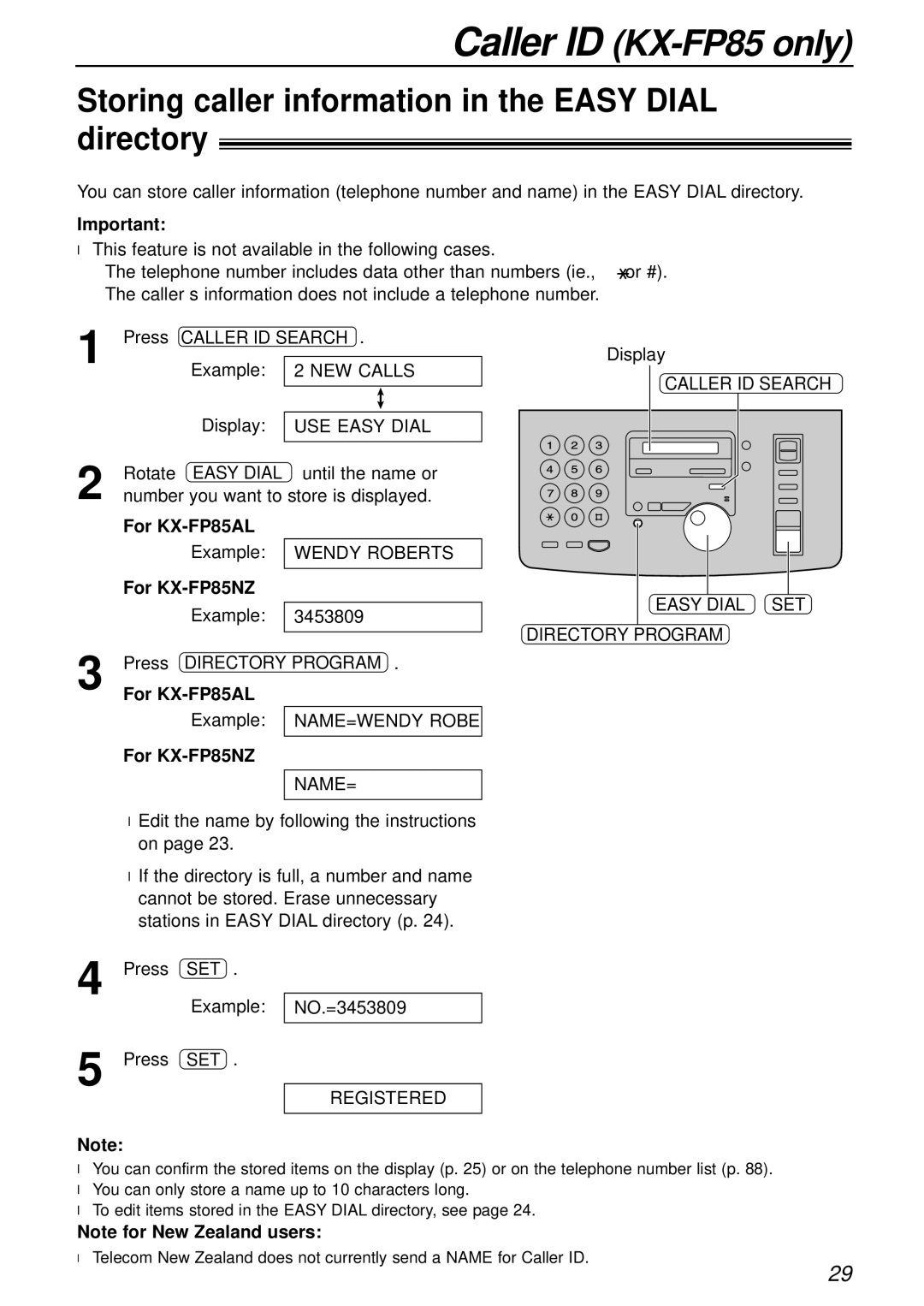 Panasonic KX-FP85AL, KX-FP81AL manual Storing caller information in the Easy Dial directory, Until the name or 