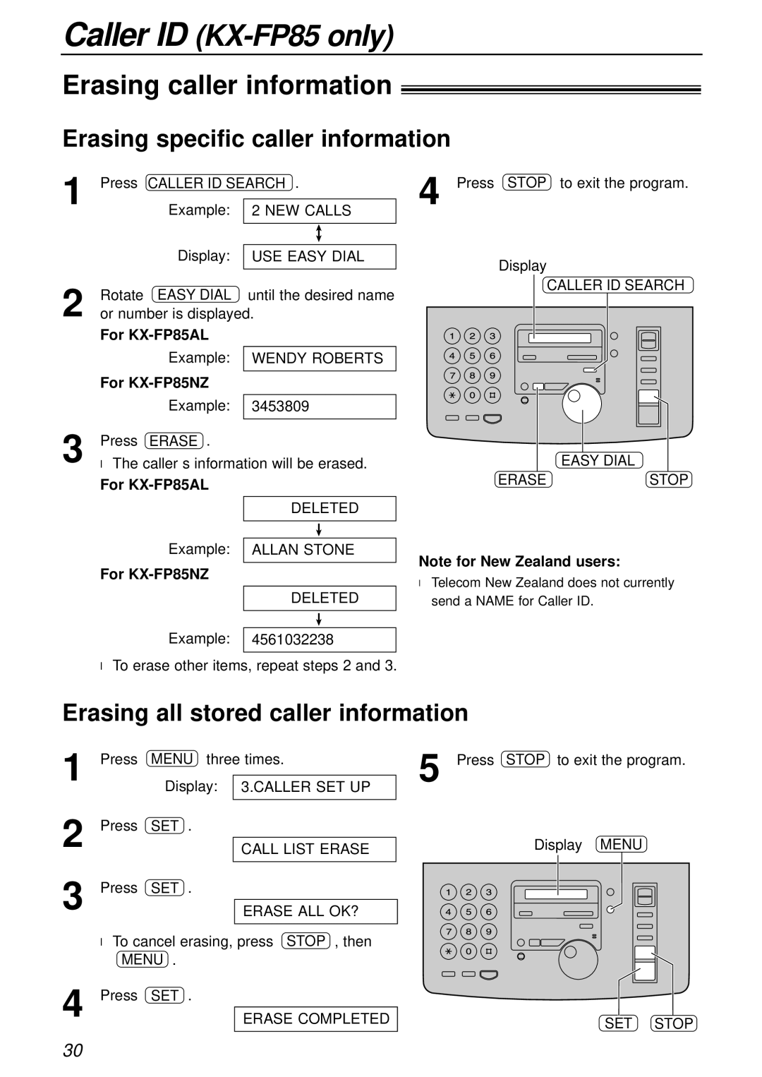 Panasonic KX-FP81AL Erasing caller information, Erasing specific caller information, Erasing all stored caller information 