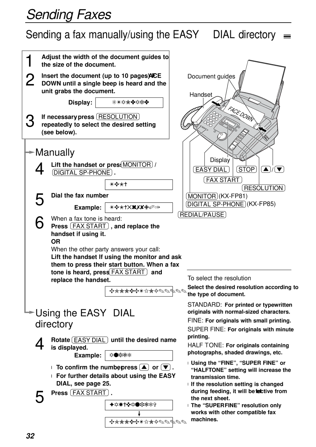 Panasonic KX-FP81AL, KX-FP85AL Sending Faxes, Manually, Using the Easy Dial directory, Easy Dial Stop FAX Start Resolution 