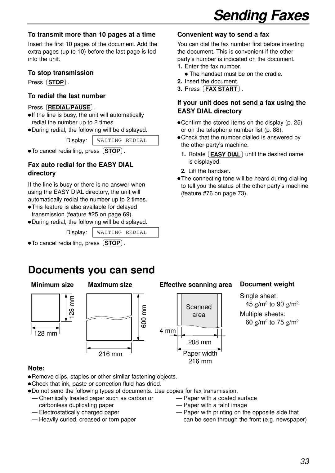 Panasonic KX-FP85AL, KX-FP81AL manual Documents you can send, To transmit more than 10 pages at a time, To stop transmission 