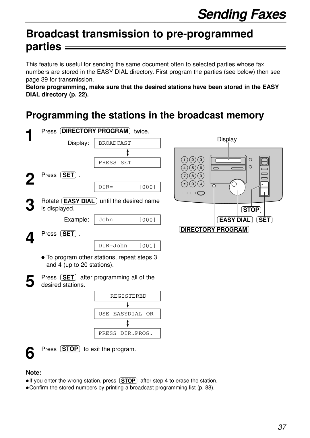 Panasonic KX-FP85AL Broadcast transmission to pre-programmed parties, Programming the stations in the broadcast memory 