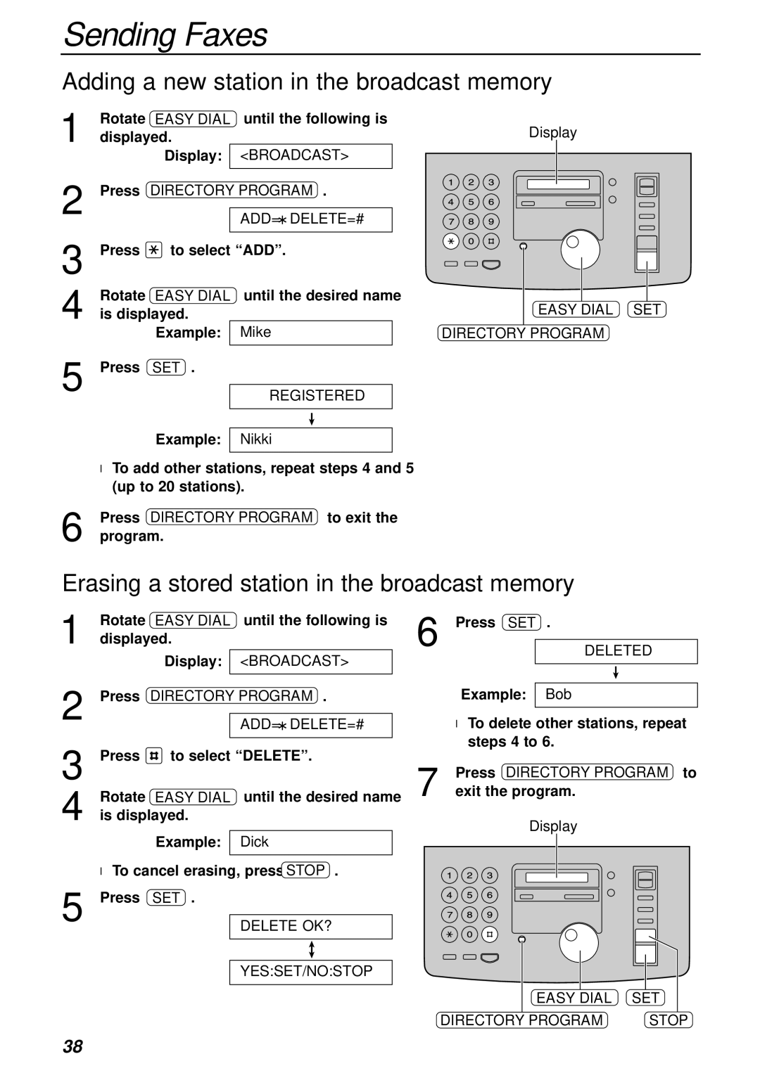 Panasonic KX-FP81AL manual Adding a new station in the broadcast memory, Erasing a stored station in the broadcast memory 