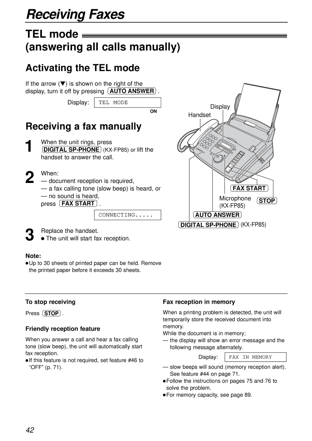 Panasonic KX-FP81AL, KX-FP85AL TEL mode Answering all calls manually, Activating the TEL mode, Receiving a fax manually 