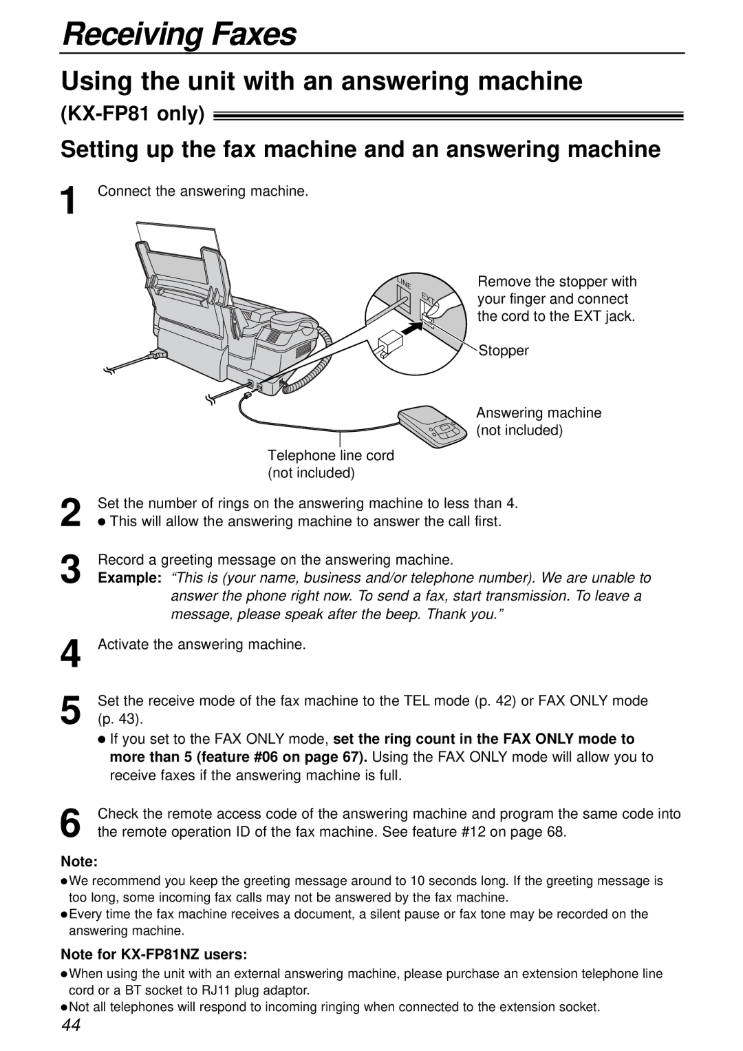 Panasonic KX-FP81AL manual Using the unit with an answering machine, Setting up the fax machine and an answering machine 