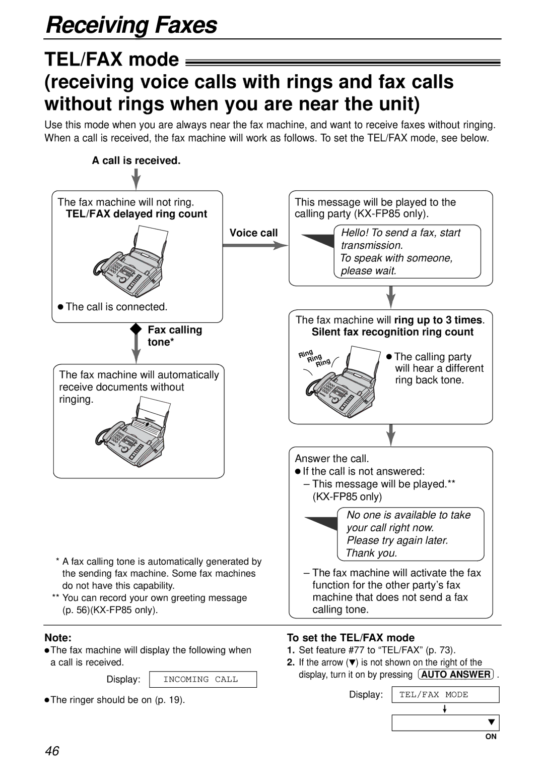 Panasonic KX-FP81AL, KX-FP85AL manual Call is received, TEL/FAX delayed ring count, Voice call, To set the TEL/FAX mode 