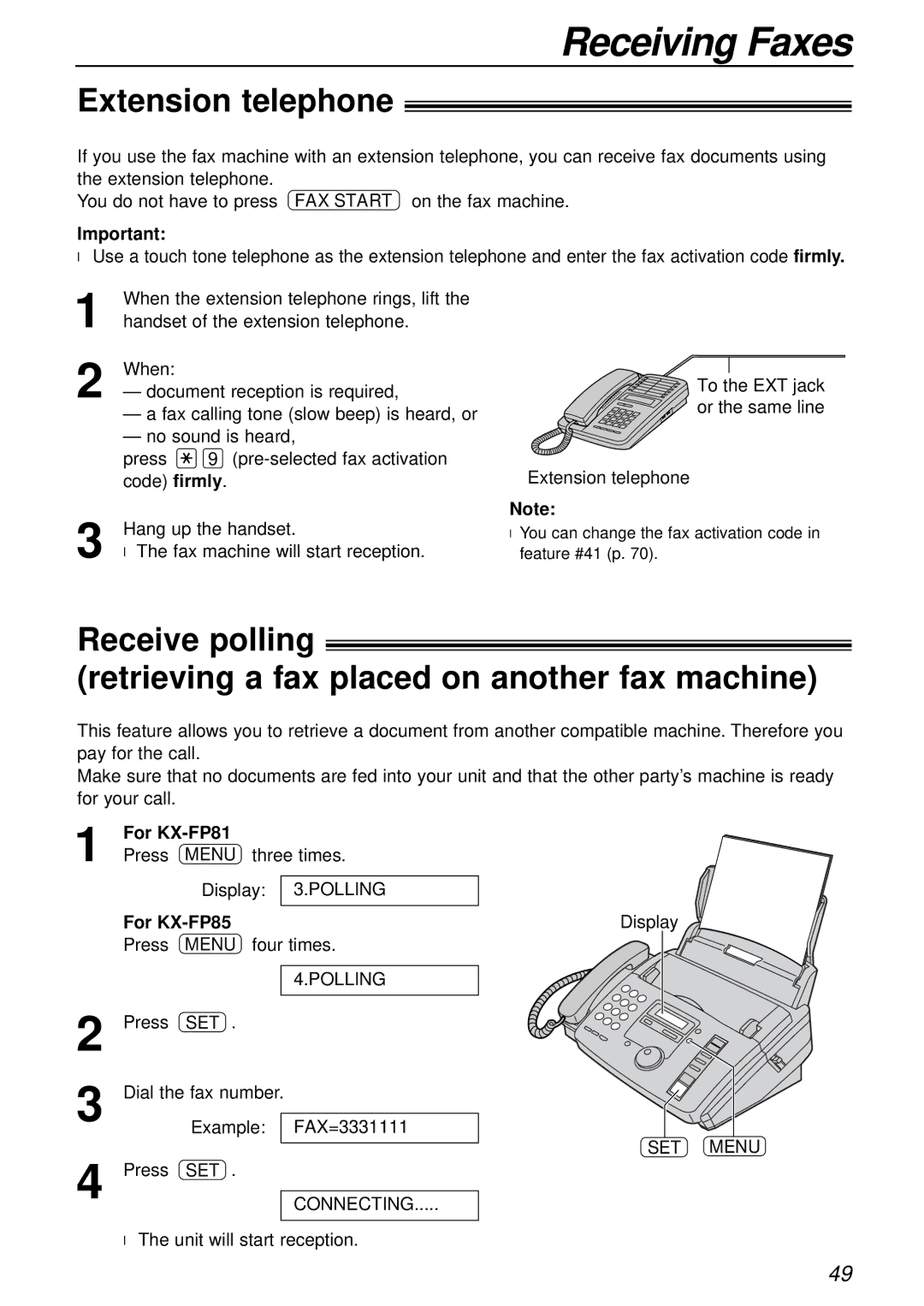 Panasonic KX-FP85AL, KX-FP81AL Extension telephone, Three times, Four times, Unit will start reception Display, SET Menu 