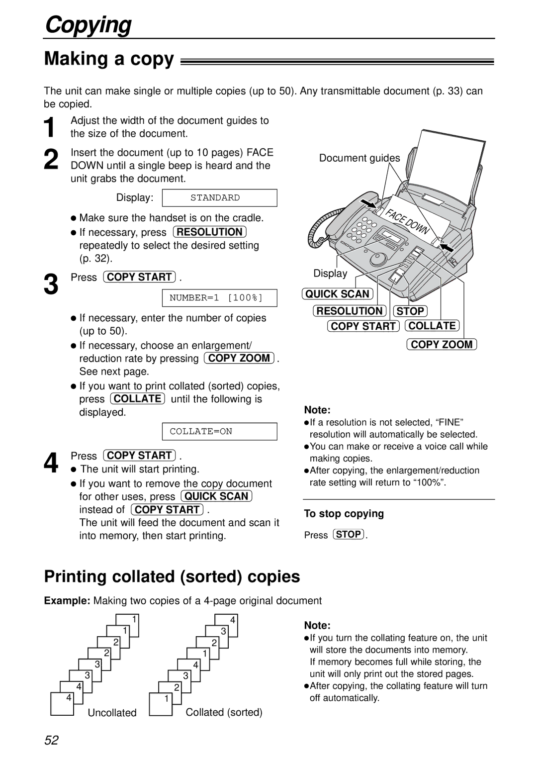 Panasonic KX-FP81AL Copying, Making a copy, Printing collated sorted copies, Resolution Stop Copy Start Collate, Copy Zoom 