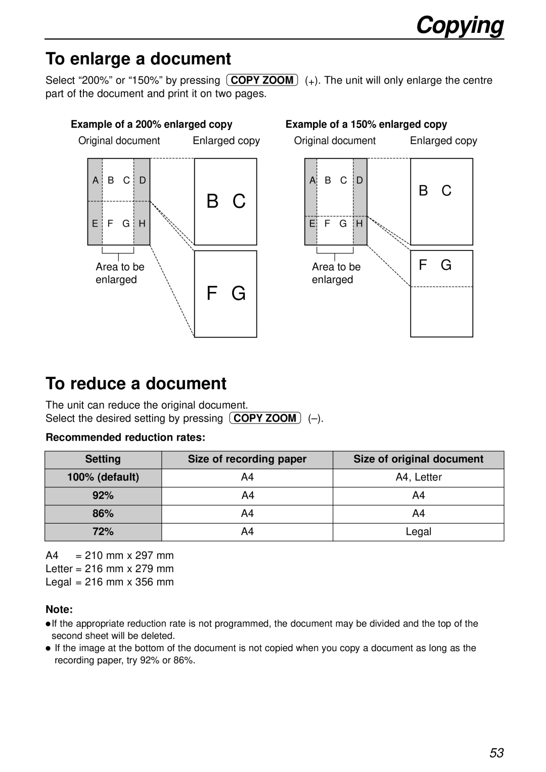 Panasonic KX-FP85AL, KX-FP81AL manual To enlarge a document, To reduce a document, 100% default, 92% 86% 72% 