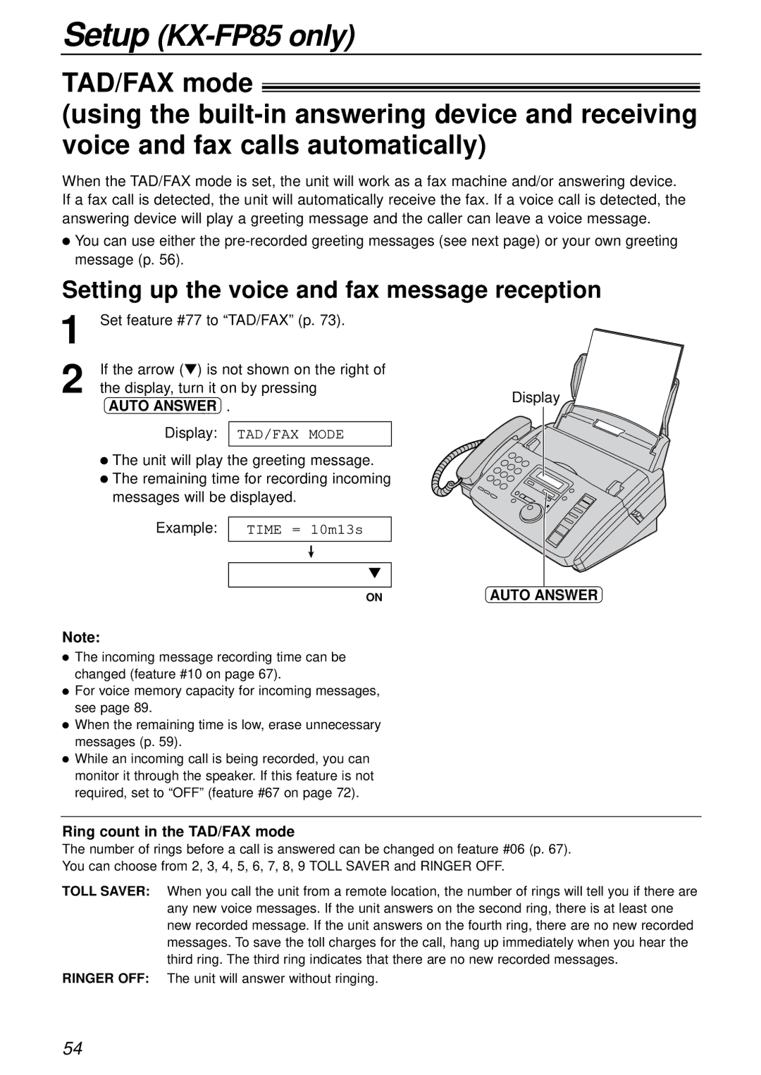 Panasonic KX-FP81AL, KX-FP85AL manual Setting up the voice and fax message reception, Ring count in the TAD/FAX mode 